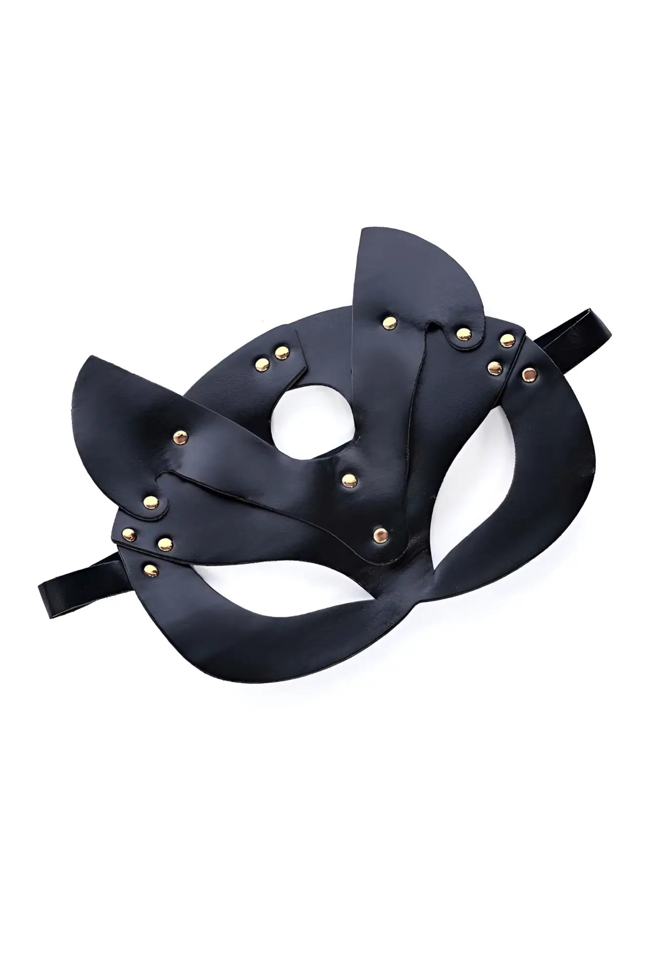 Black leather cat mask with gold-tone studs and adjustable straps from candyman 99965 eye mask collection