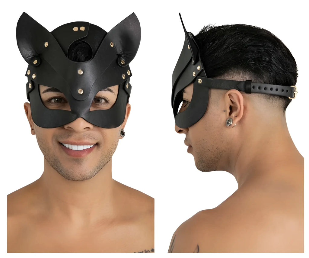 Black leather cat mask with gold toned studs and adjustable strap from candyman 99965 eye mask color black