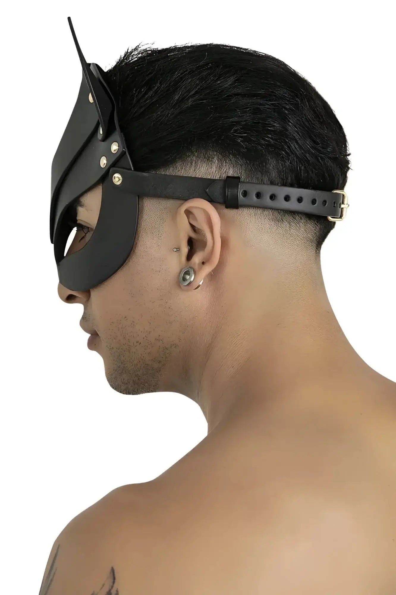 Black leather CandyMan 99965 eye mask with cat ears, metallic rivets, and adjustable strap in black color