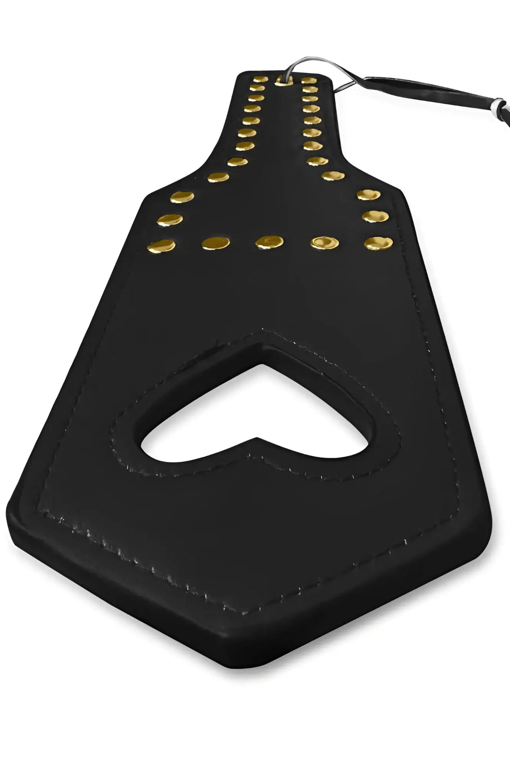 CandyMan 99966 spanker black leather heart-shaped paddle with gold-tone studs and black handle for spanking play