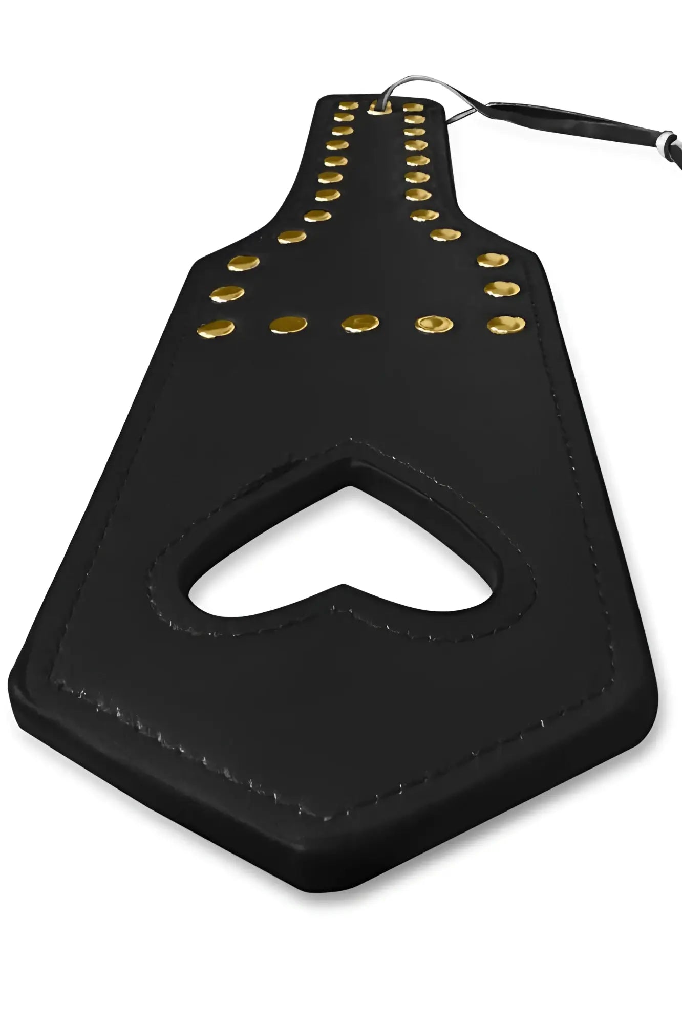 CandyMan 99966 spanker black leather heart-shaped paddle with gold-tone studs and black handle for spanking play