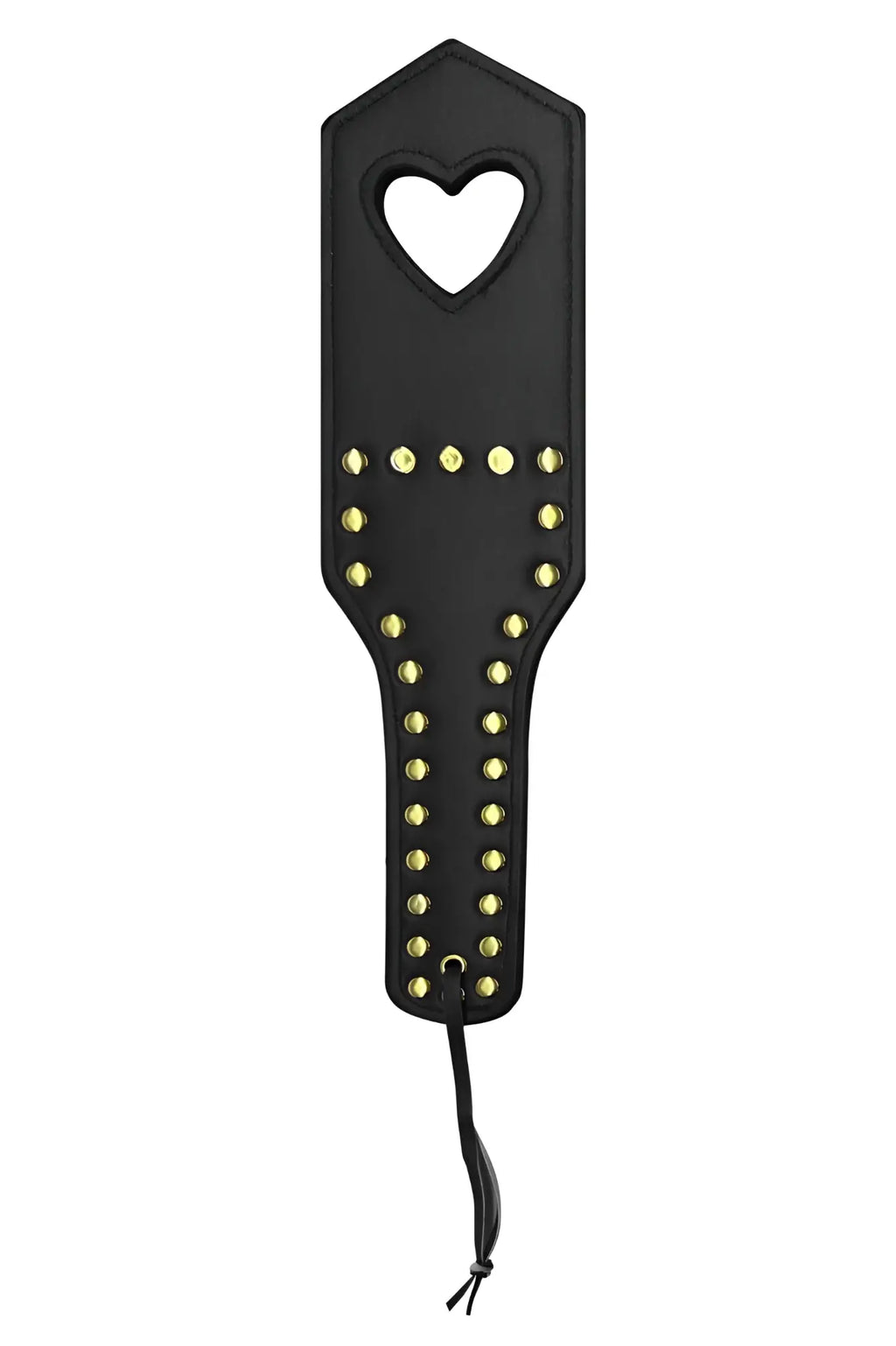 CandyMan 99966 spanker black leather paddle with gold studs and heart-shaped cutout at the top