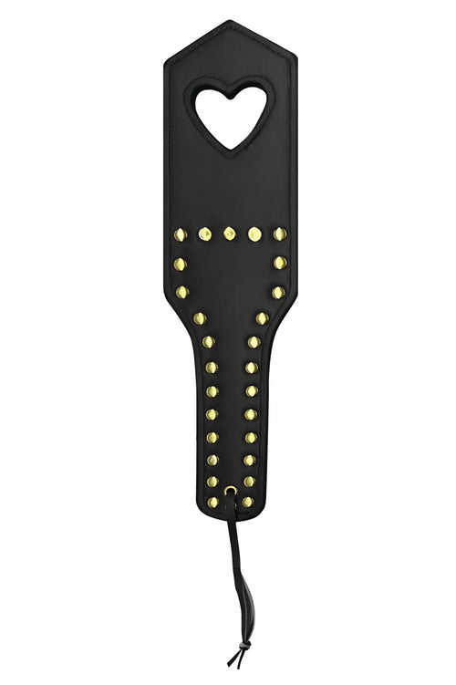 CandyMan 99966 spanker black leather paddle with gold studs and heart-shaped cutout at the top