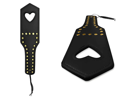 Black leather paddle candyMan 99966 spanker with gold-tone studs and heart-shaped cutout in black color