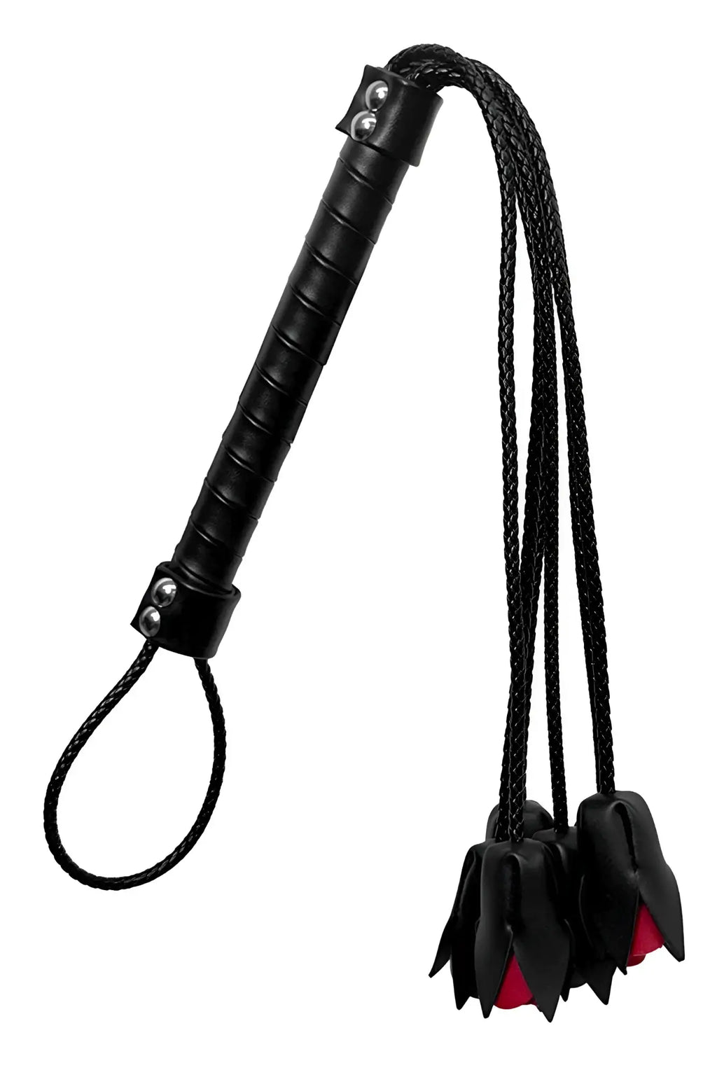 Black leather CandyMan 99967 rose whip with red inner lining and braided cord ends for impact play