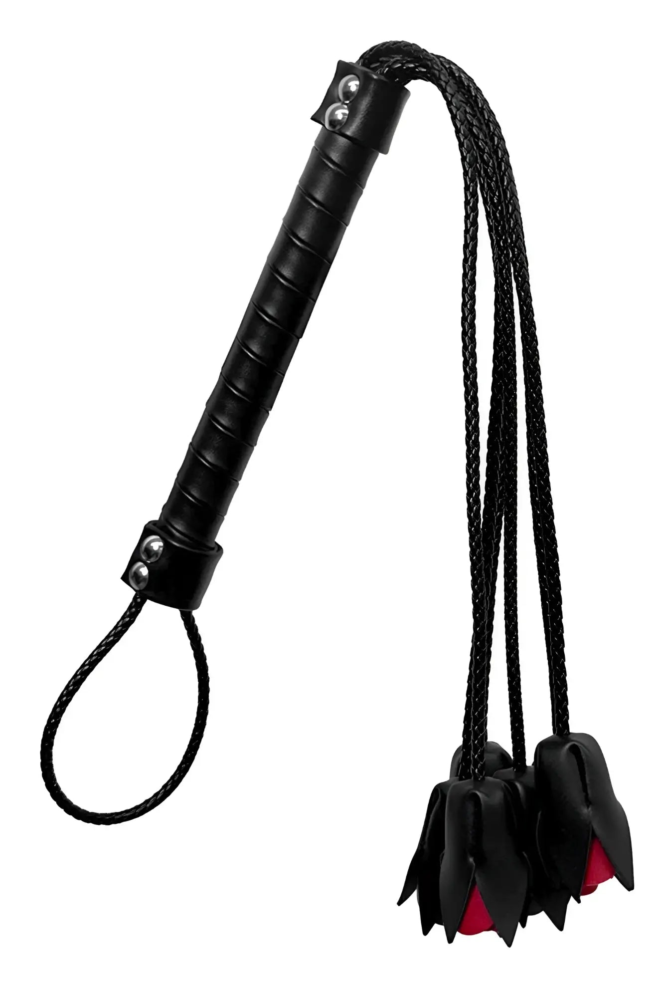Black leather CandyMan 99967 rose whip with red inner lining and braided cord ends for impact play