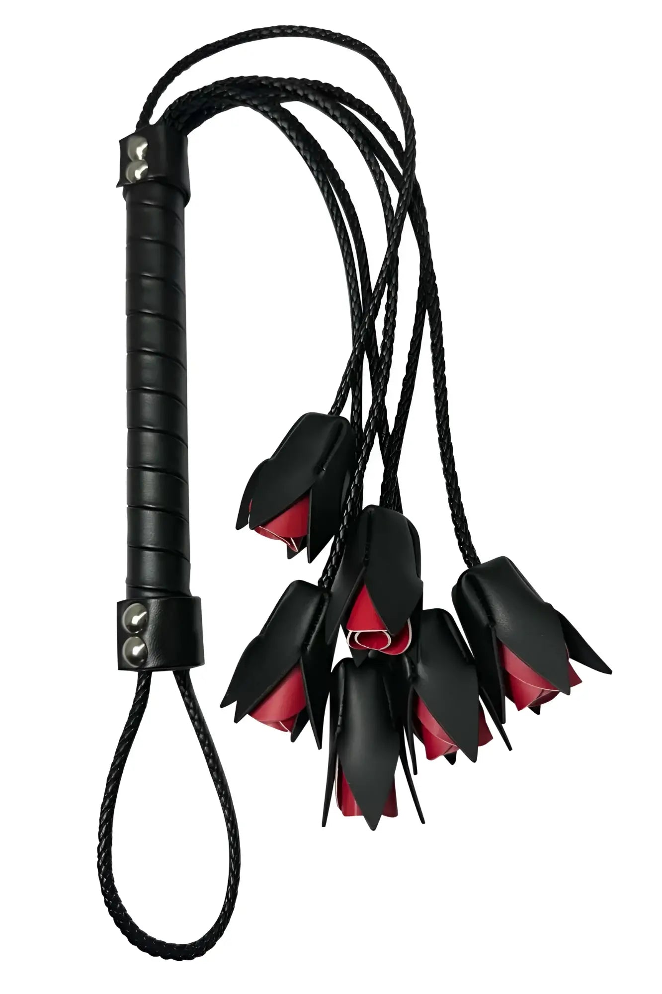 CandyMan 99967 rose whip black leather flogger with red inner lining and braided cord for sensual play