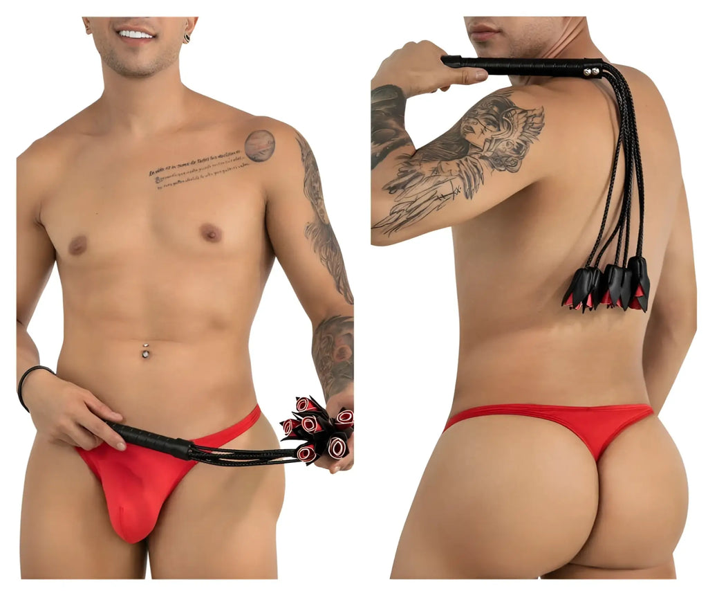 Red leather thong with black whip attachment candy man 99967 rose whip color black shown from the back side