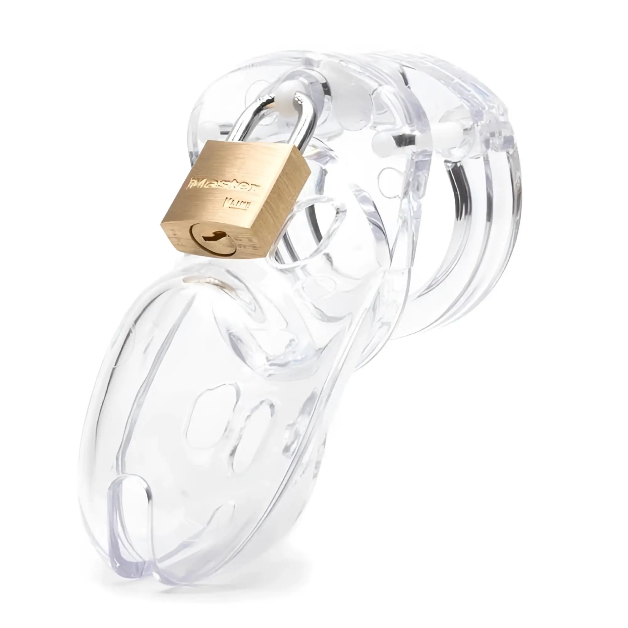 Clear plastic cockcage cb-x cb-3000 with brass master lock attached shown from the back side