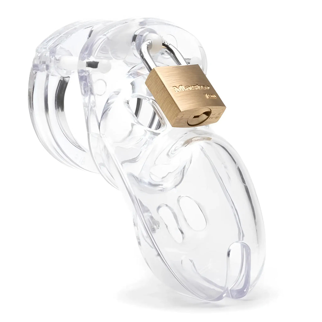 Clear plastic cb-x cockcage cb-3000 with brass master lock for secure chastity wear
