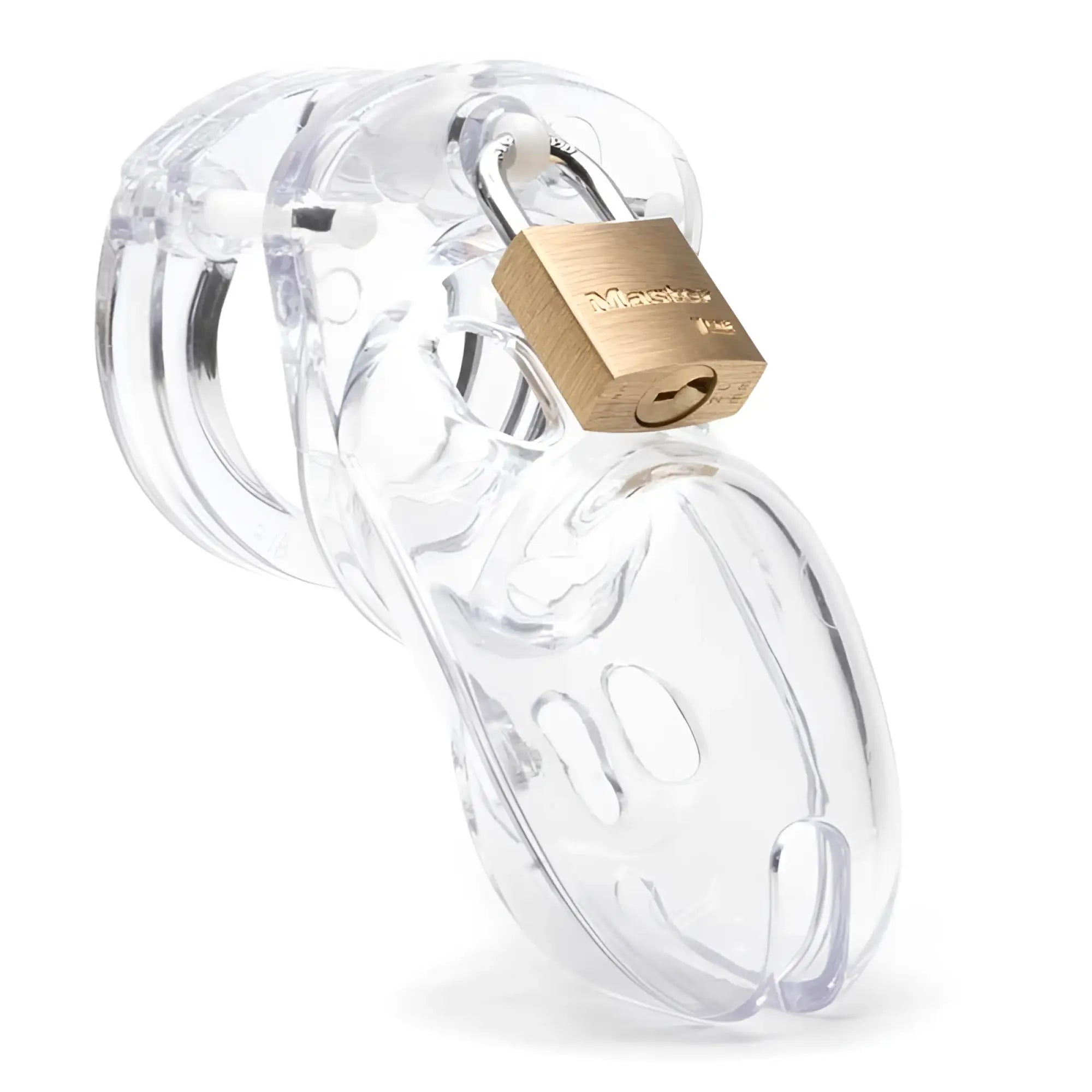 Clear plastic cb-x cockcage cb-3000 with brass master lock for secure chastity wear