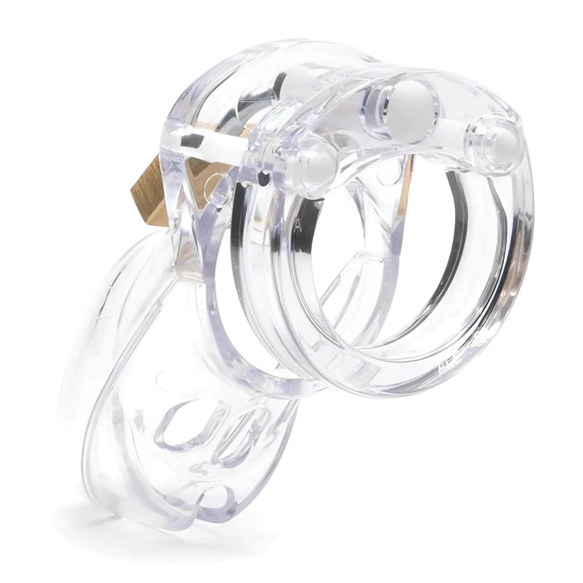 Clear plastic cockcage cb-x cb-3000 with gold metal lock designed for secure chastity play