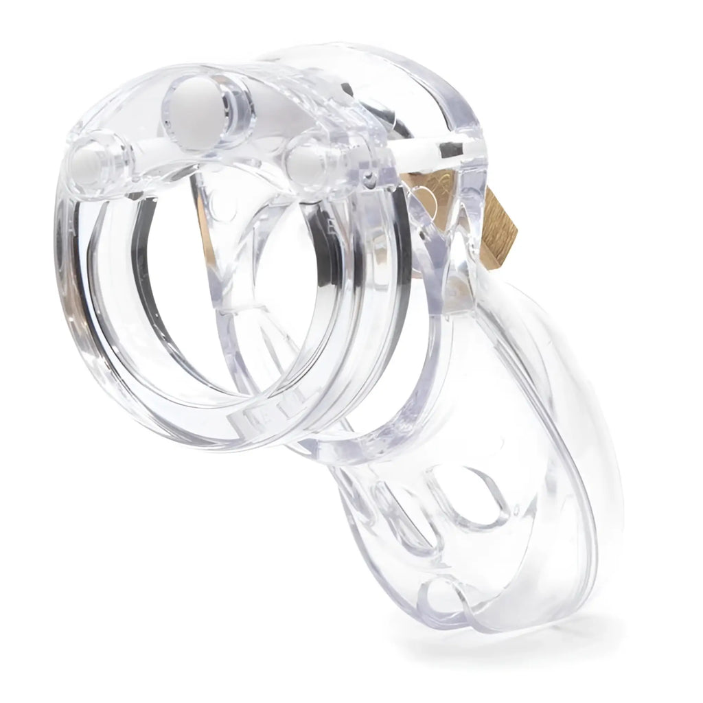 Clear plastic cockcage cb-x cb-3000 with gold-colored metal lock for secure chastity play