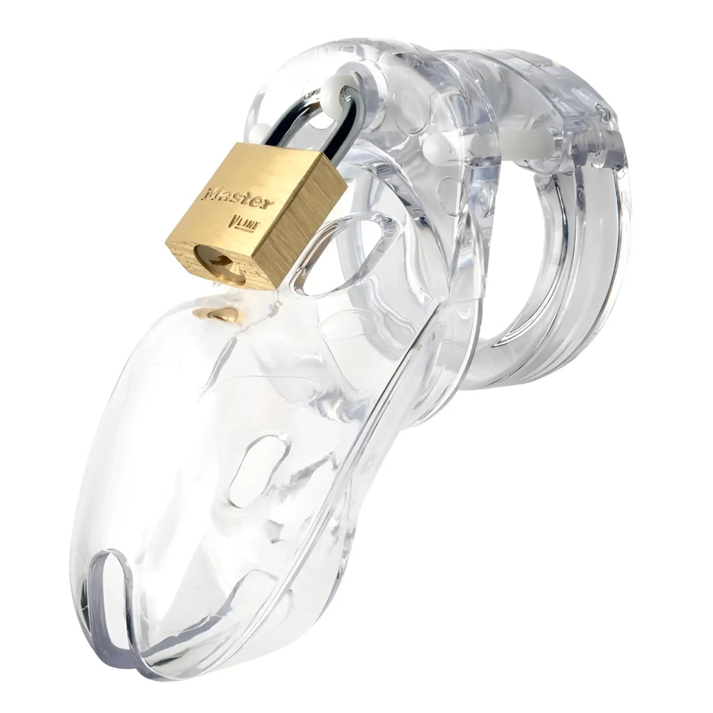 Clear plastic cb-x cockcage cb-3000 with gold-colored master brand lock for secure chastity play