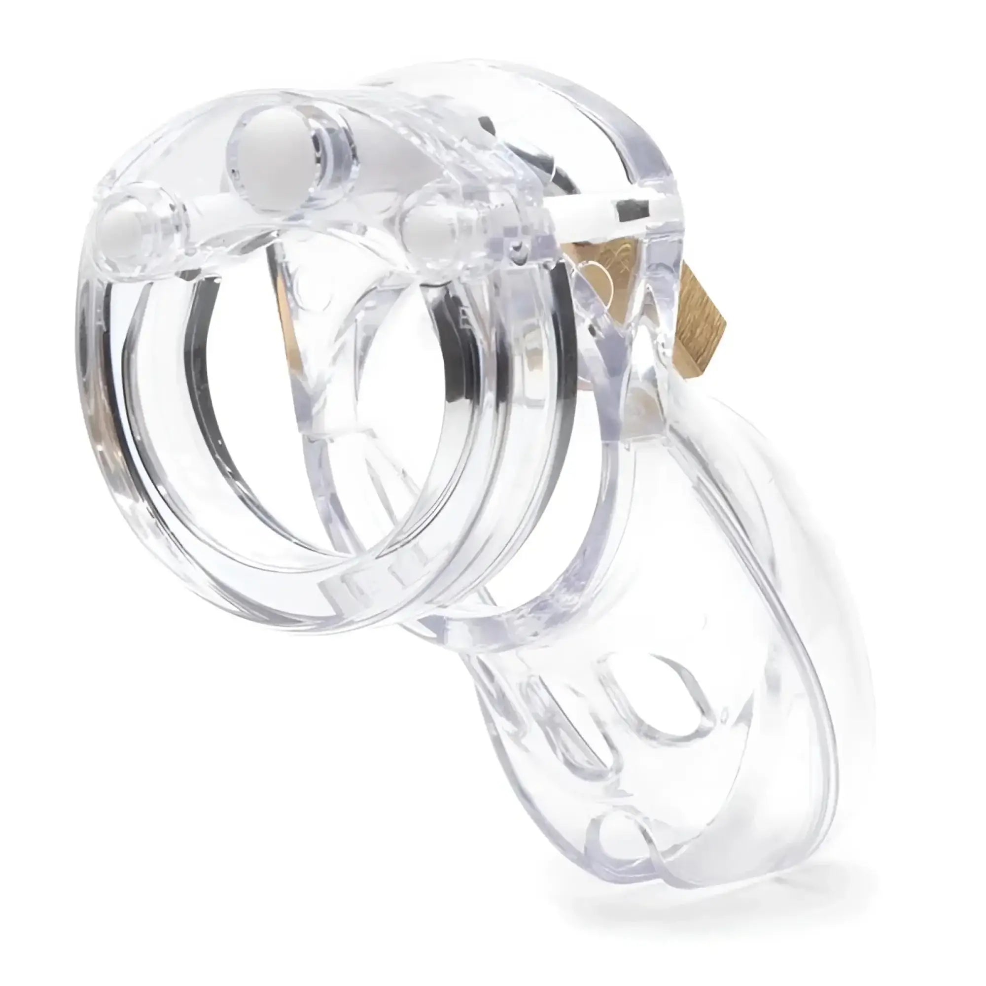 Clear plastic cockcage cb-x cb-3000 with gold-colored metal lock for secure chastity play