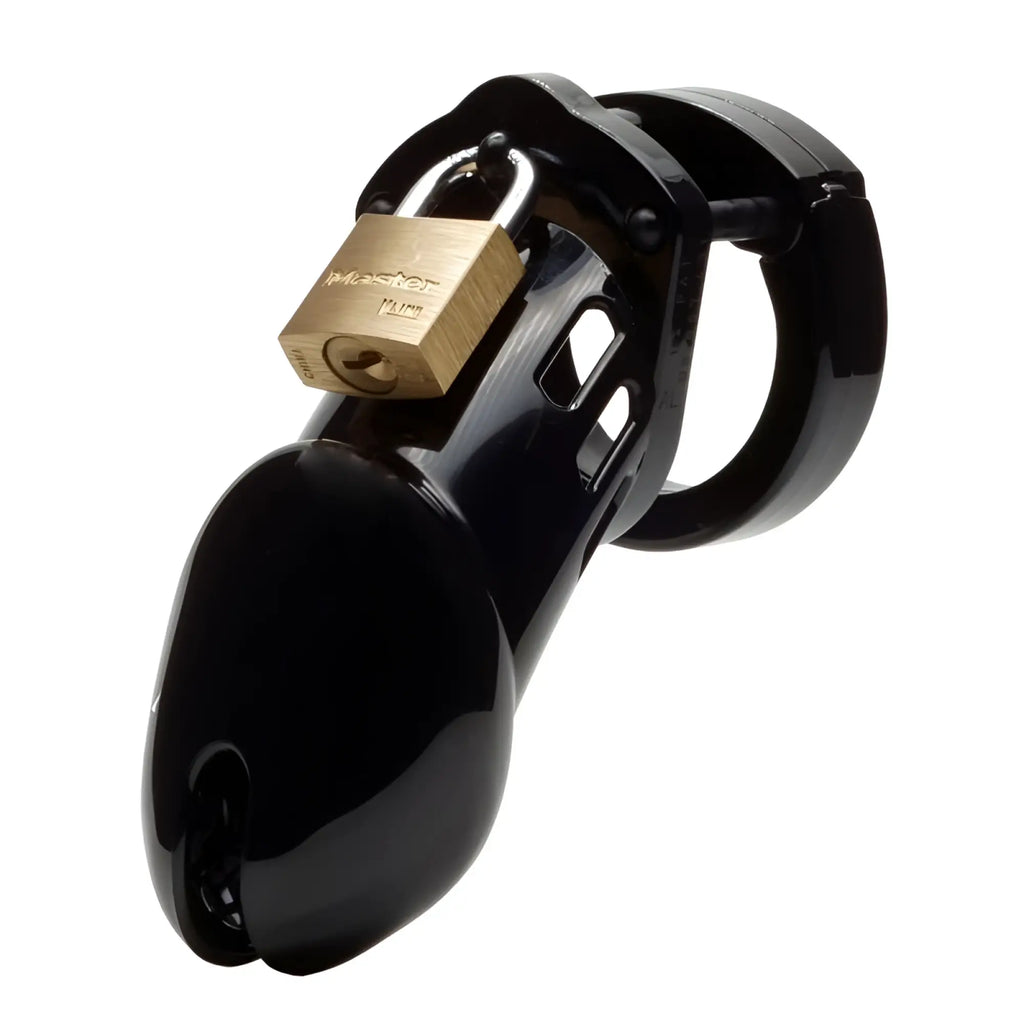 Black cb-x cockcage cb-6000 chastity cage featuring a gold-colored padlock for secure male chastity play