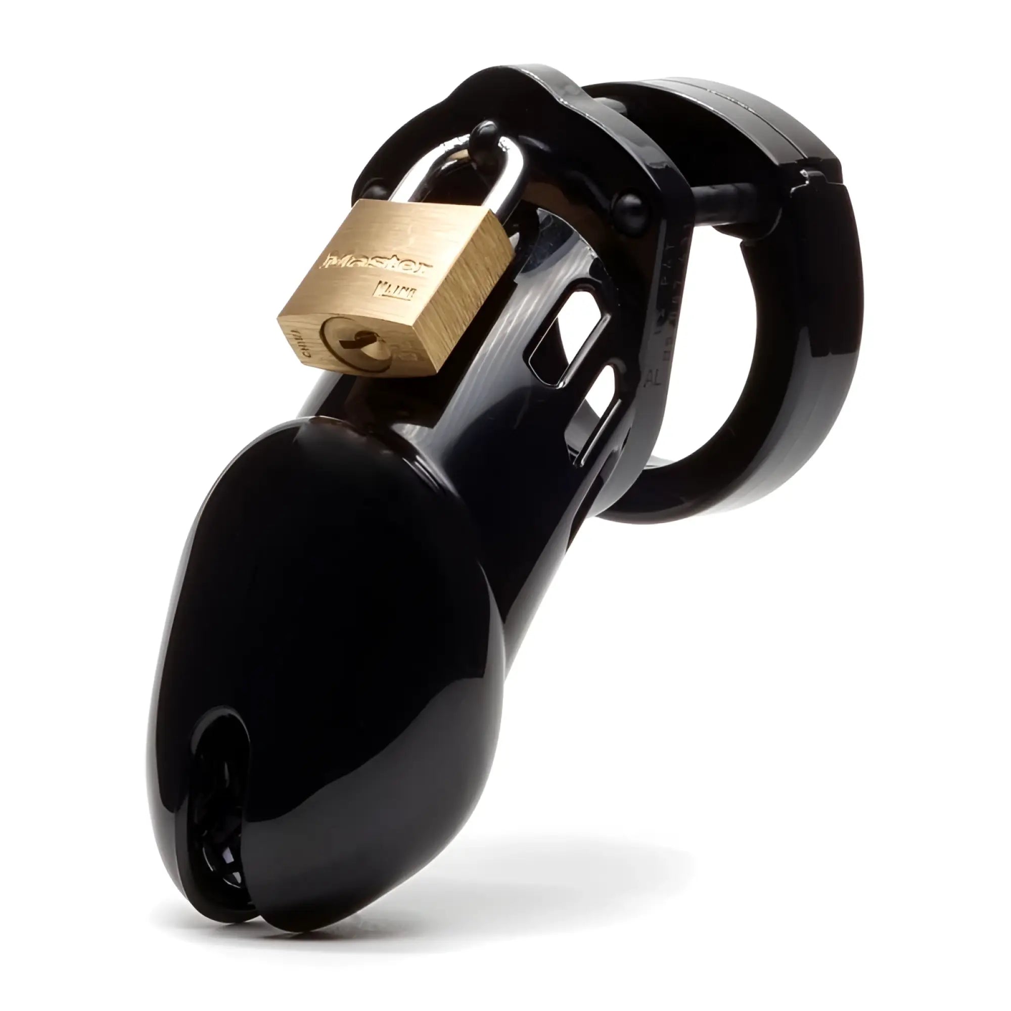 Black glossy plastic cockcage cb-x cb-6000 with a gold brass padlock for secure male chastity use