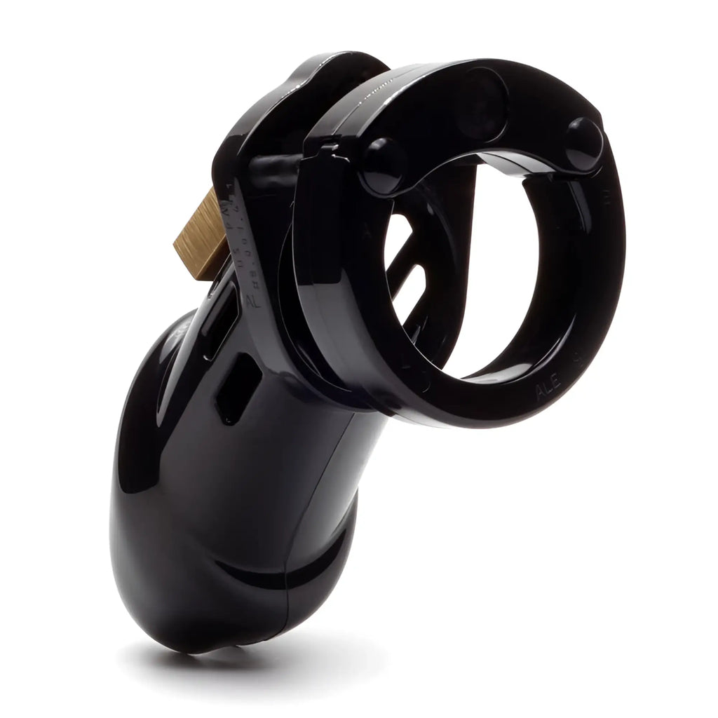Black plastic chastity cage cbx cockcage cb6000 with gold metal clasp for secure male restraint use