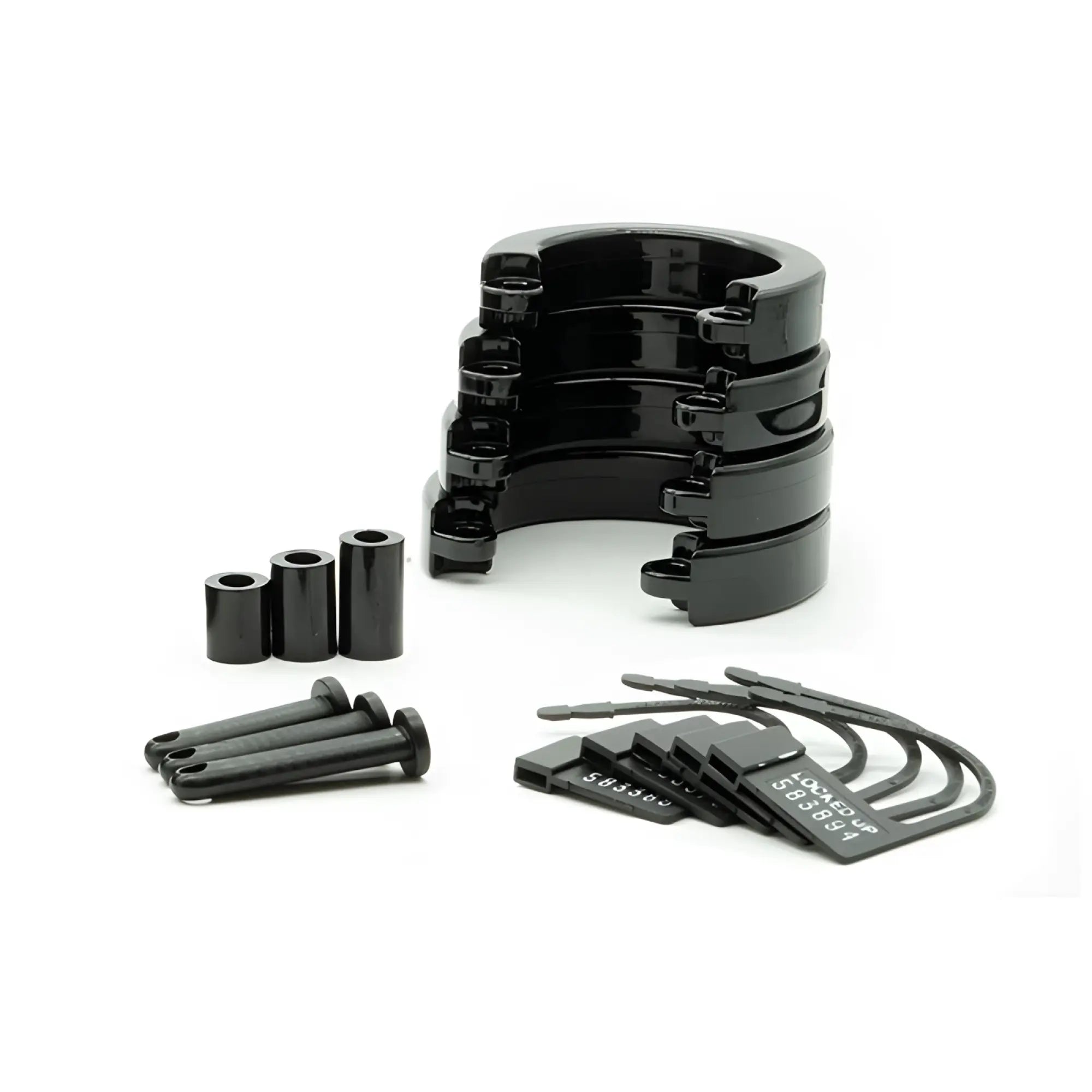 Black plastic security cable locks with matching cylindrical components and numbered tags for cb-x cockcage cb-6000 chrome