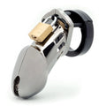 Shiny silver metal cockcage CB-X CB-6000 chrome with black plastic ring and gold-colored padlock for secure wear