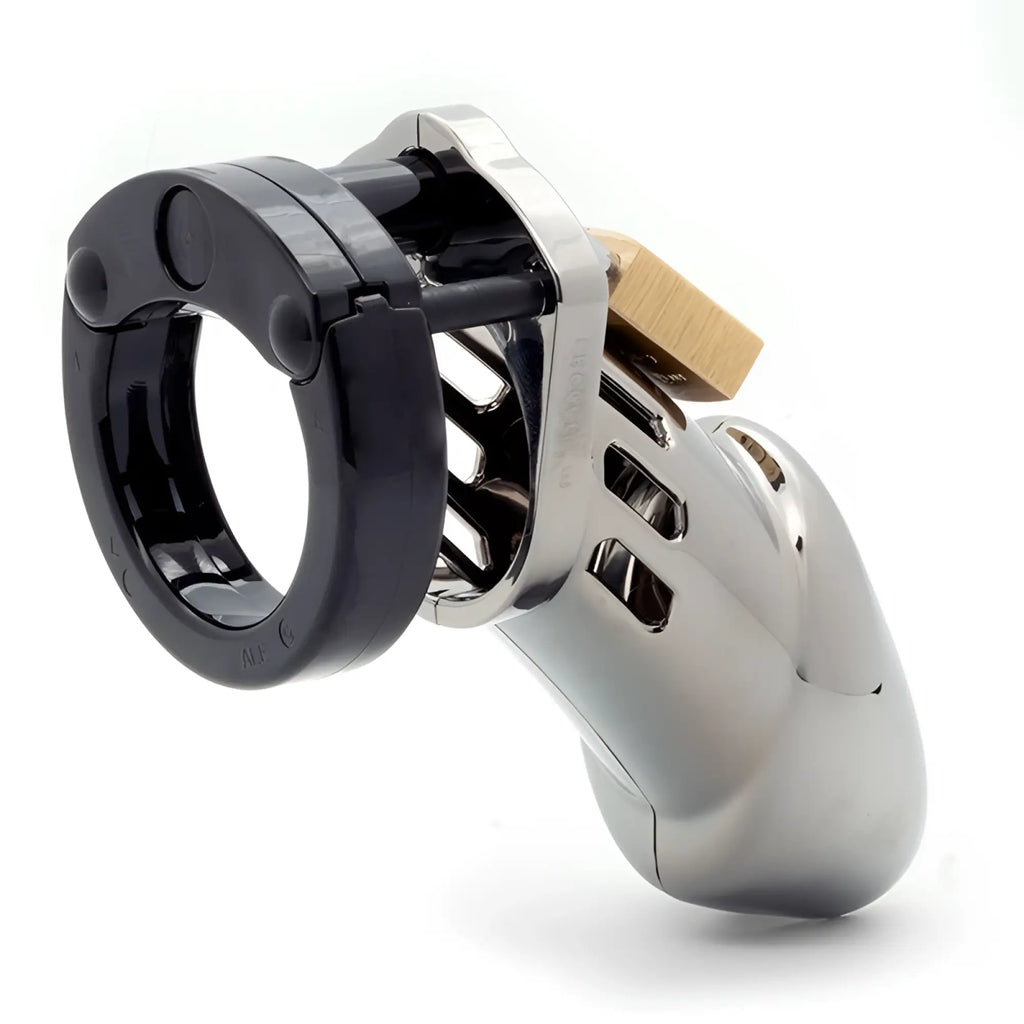 Silver and black cb-x cockcage cb-6000 chrome chastity cage with brass lock made of metal for secure wear