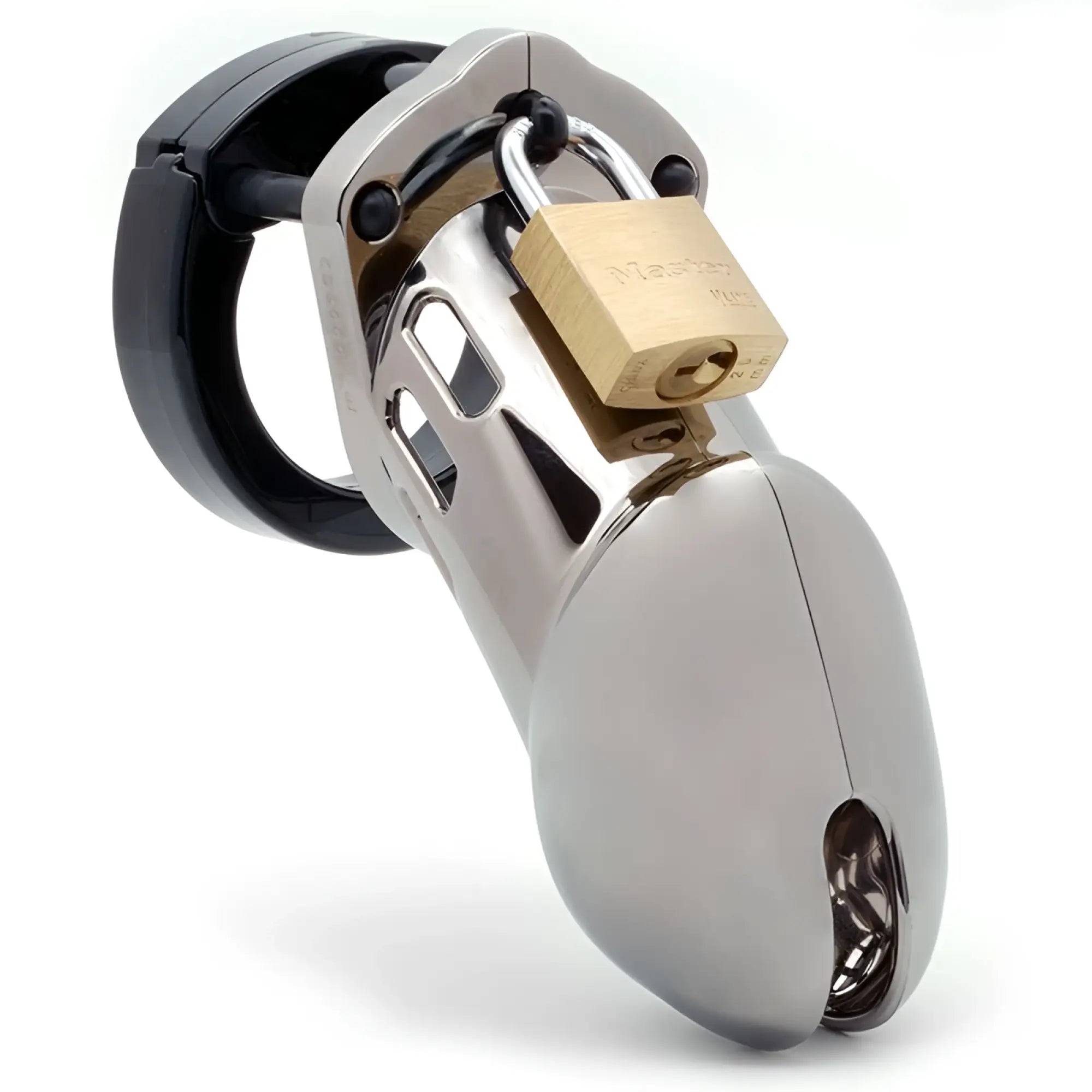 Silver-toned metal CB-X cockcage CB-6000 chrome with black plastic ring and brass padlock for secure use