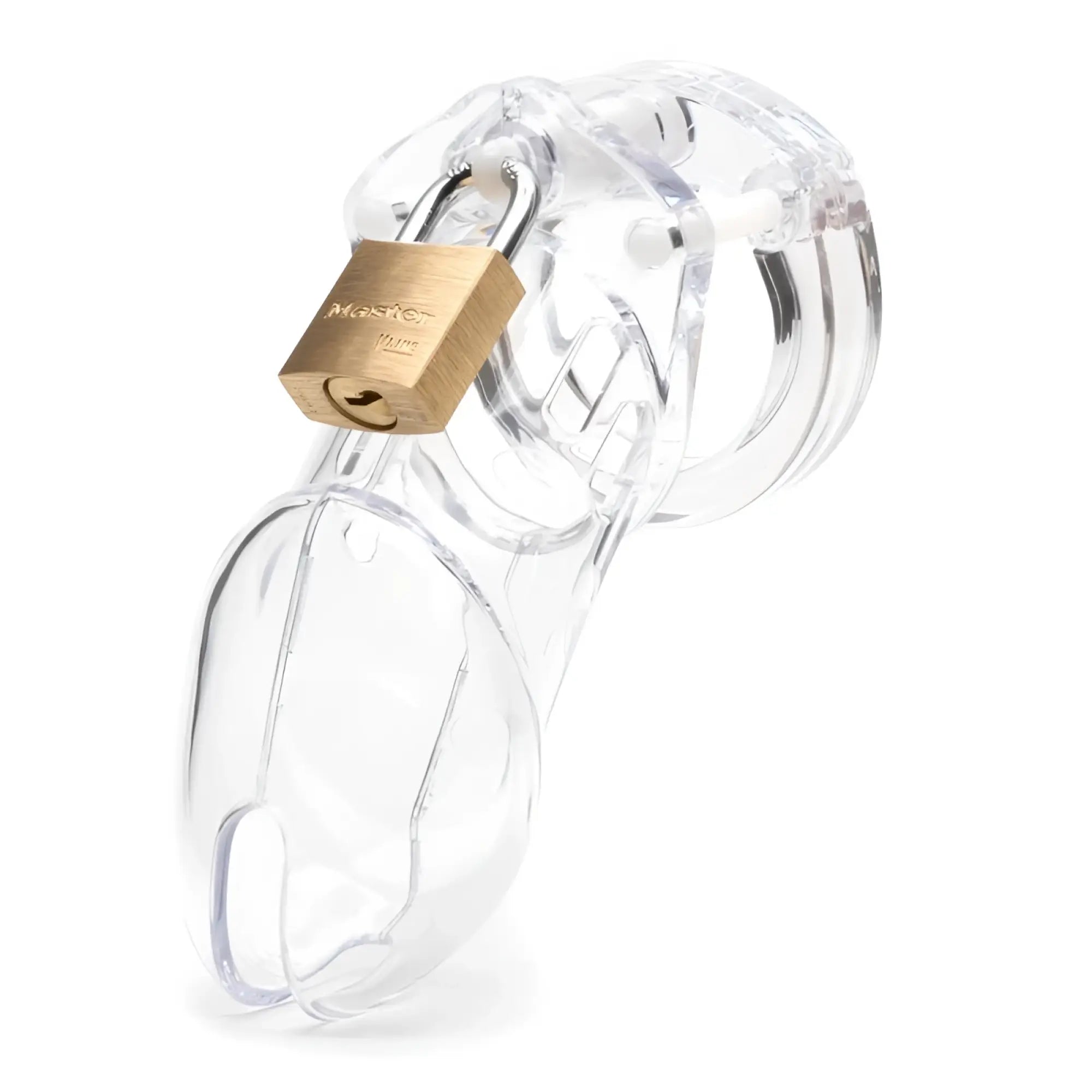 Clear plastic cockcage cb-x cb-6000 with a brass-colored lock designed for secure chastity play