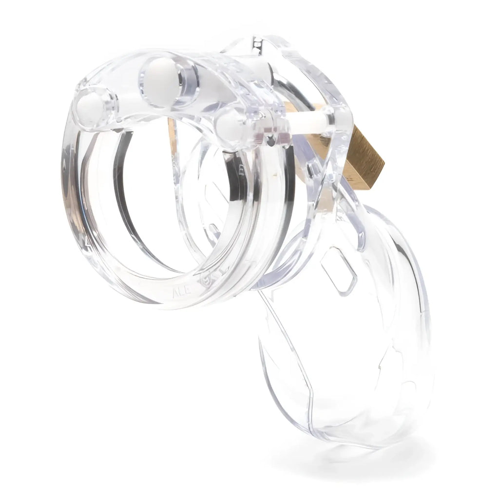 Clear plastic CB-X cockcage CB-6000 with gold metal lock designed for secure chastity play