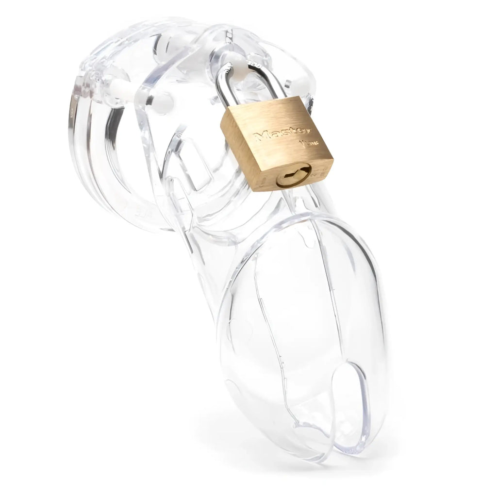 Clear plastic cockcage cb-x cb-6000 with a gold master brand lock for secure male chastity play