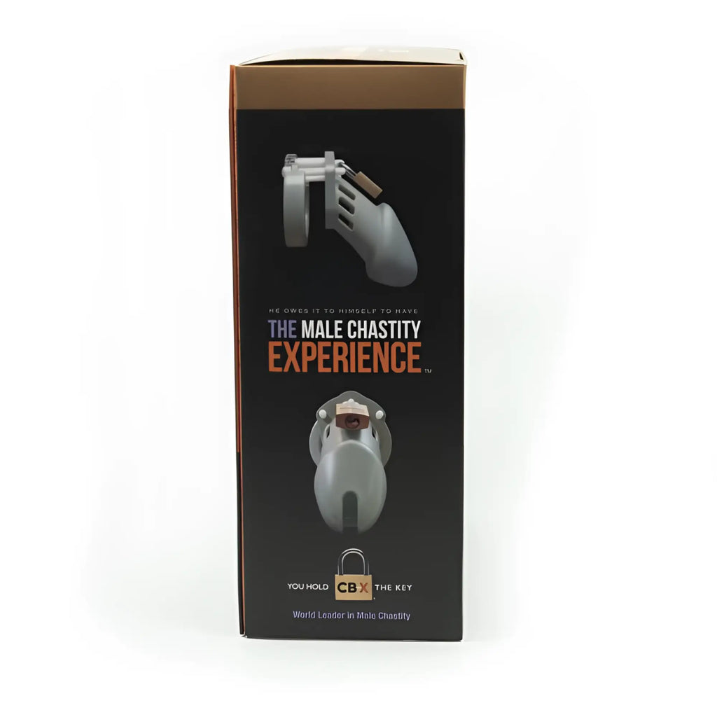 Gray metallic male chastity device displayed in black box with orange and white text for cb-x cockcage cb-6000 pink