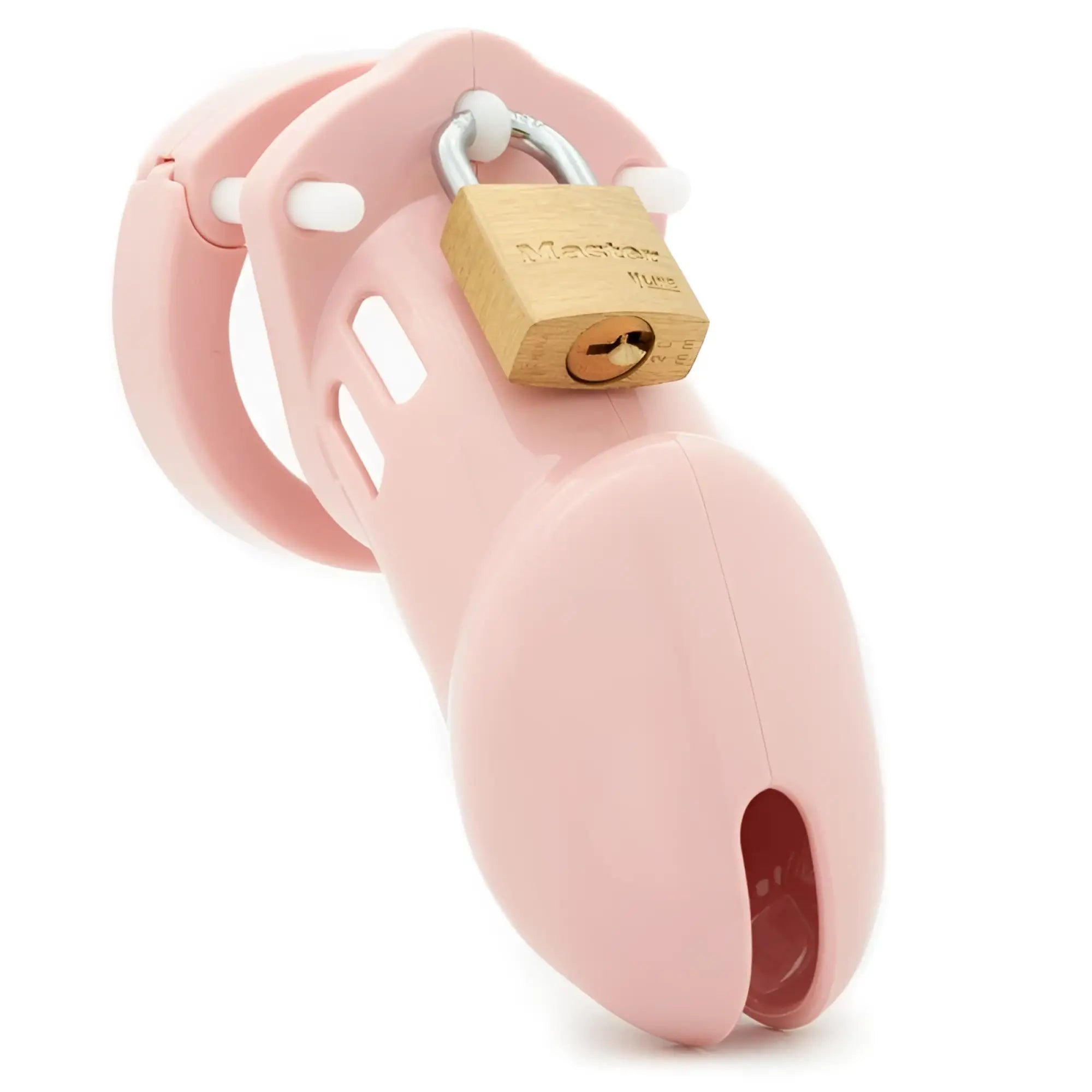 Pink plastic cockcage cb 6000 with a brass master lock attached for male chastity control