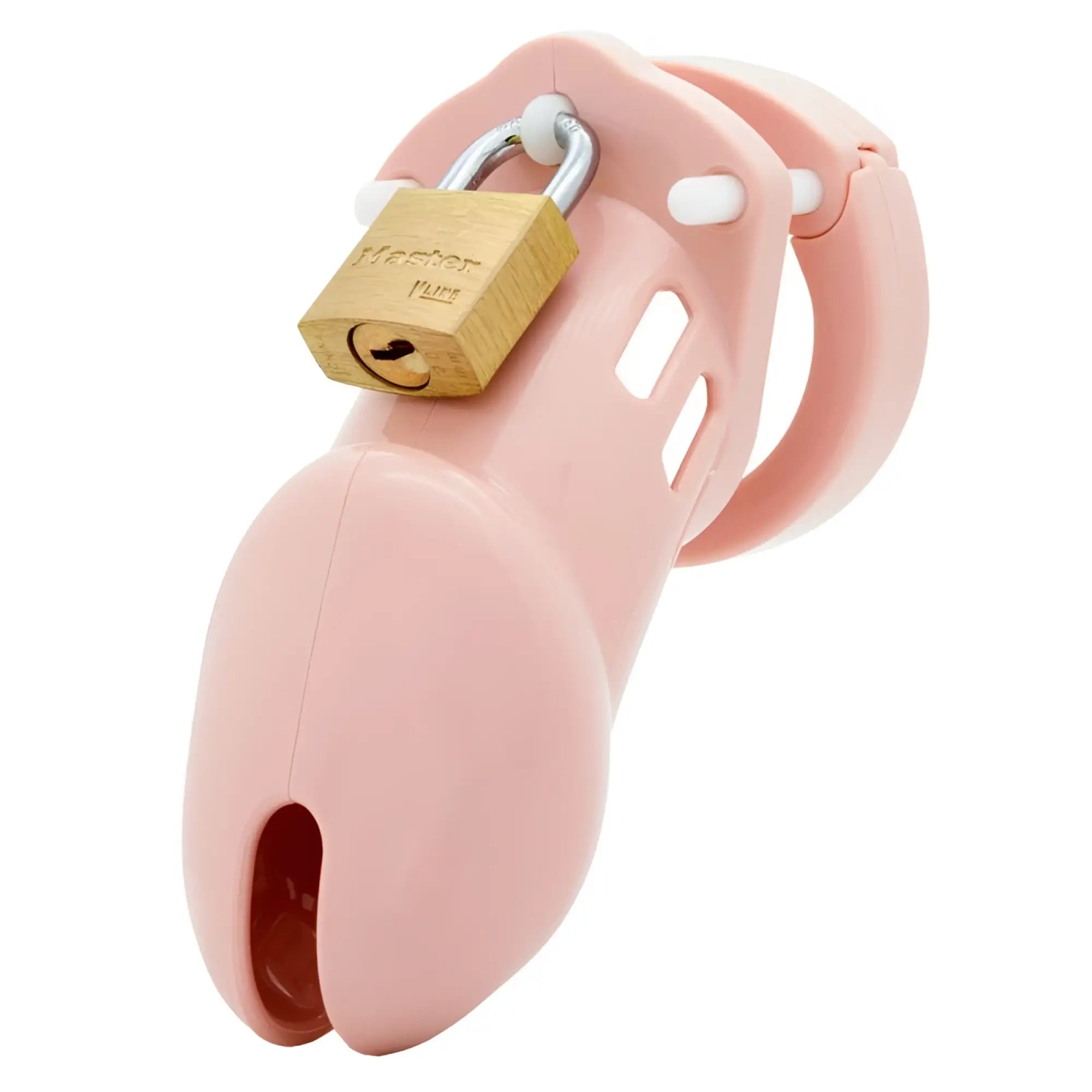 Pink plastic cb-x cockcage cb-6000 chastity device with brass master brand lock secure locking mechanism