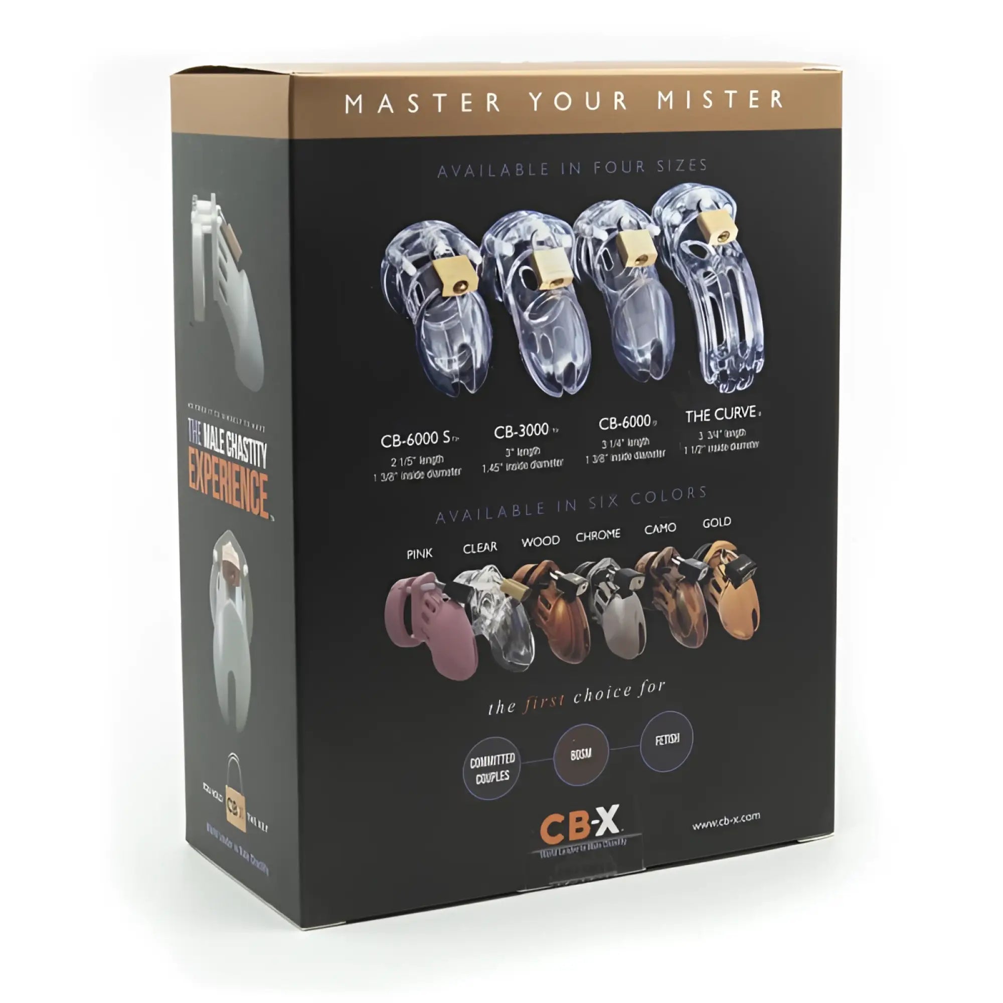 Clear plastic cb-x cockcage male chastity device with gold metal components available in six colors including pink and chrome