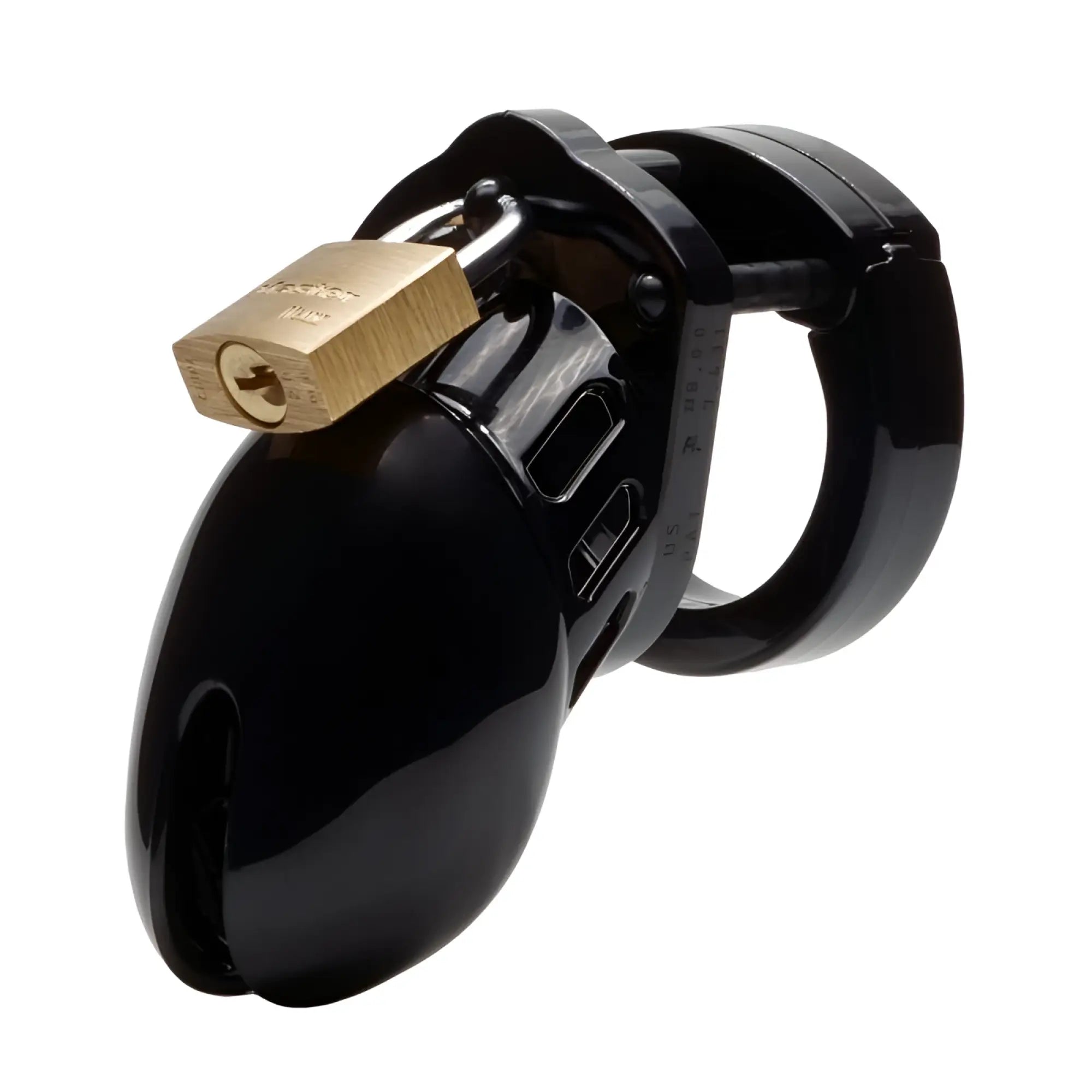 Black glossy-finished cb-x cockcage cb-6000s chastity device with gold-colored padlock attached