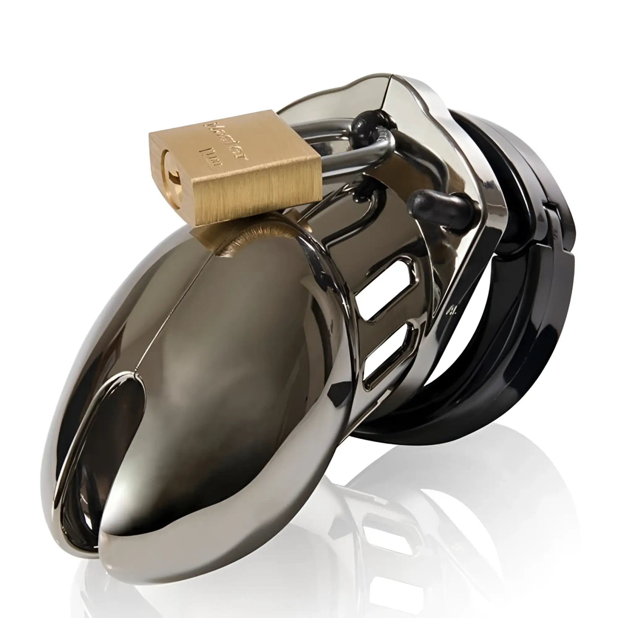 Shiny black metallic CB-X cockcage CB-6000S chrome with a gold-colored lock for secure wear