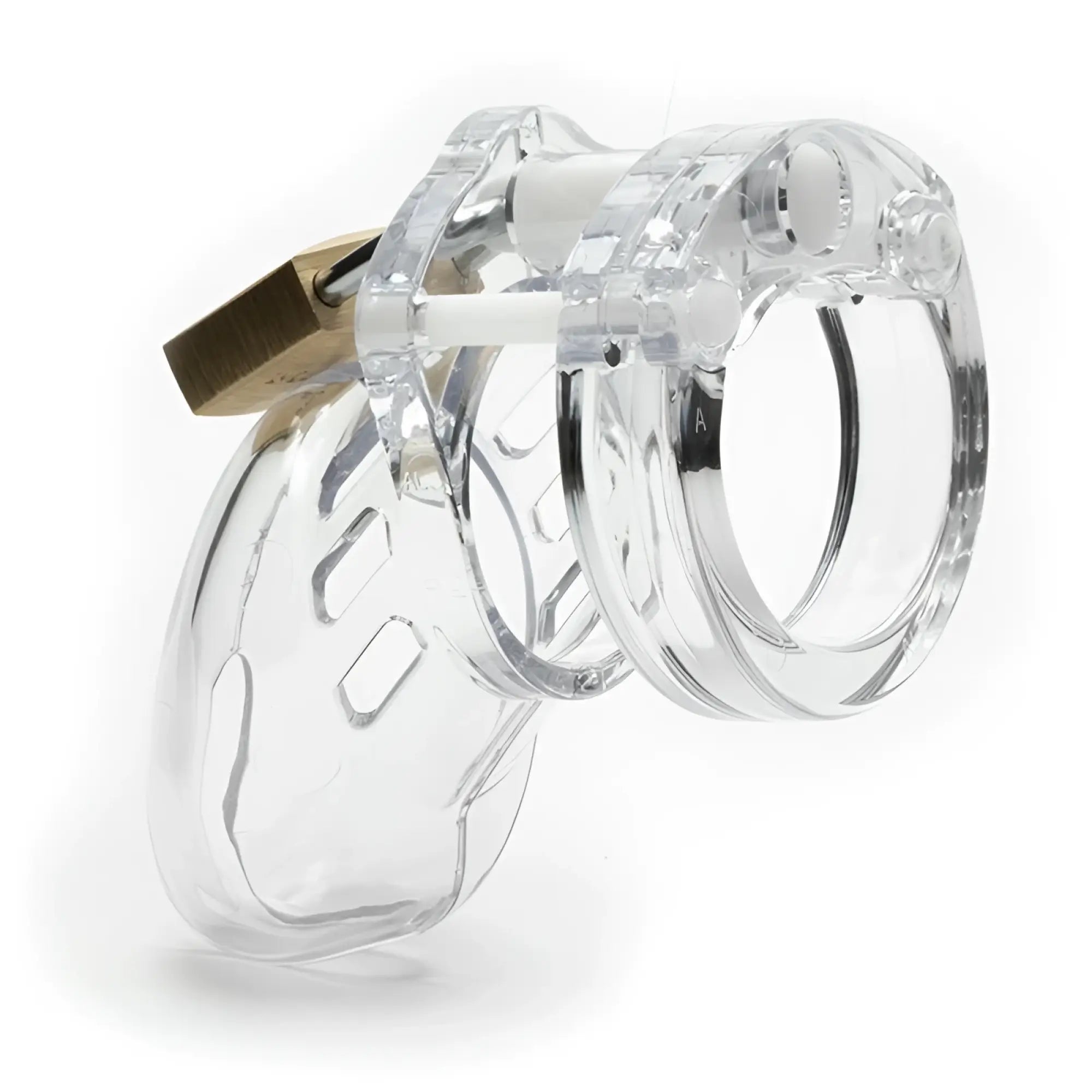 Clear cb-x cockcage cb-6000s chastity cage made of clear acrylic with a brass-colored lock in front view