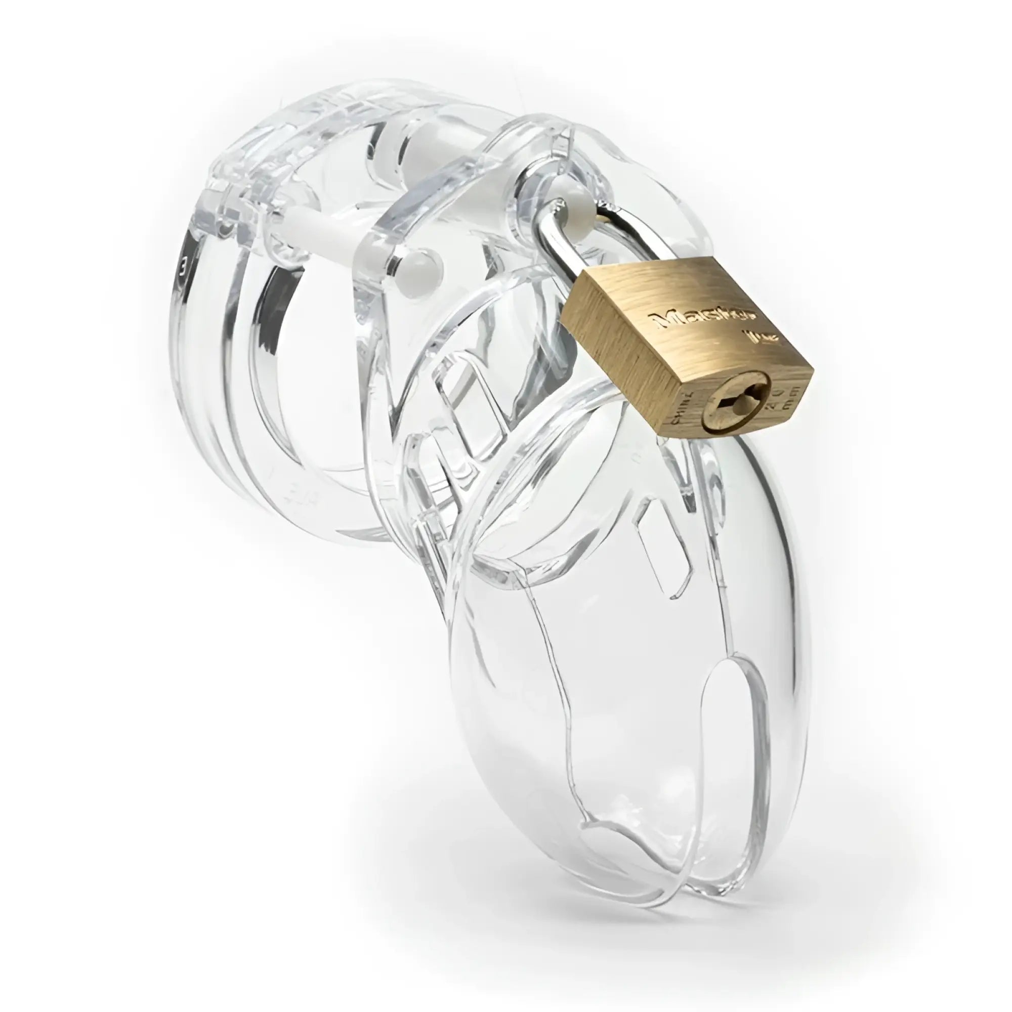 Clear cb-x cockcage cb-6000s clear plastic chastity cage with gold-colored brass padlock shown from the back side