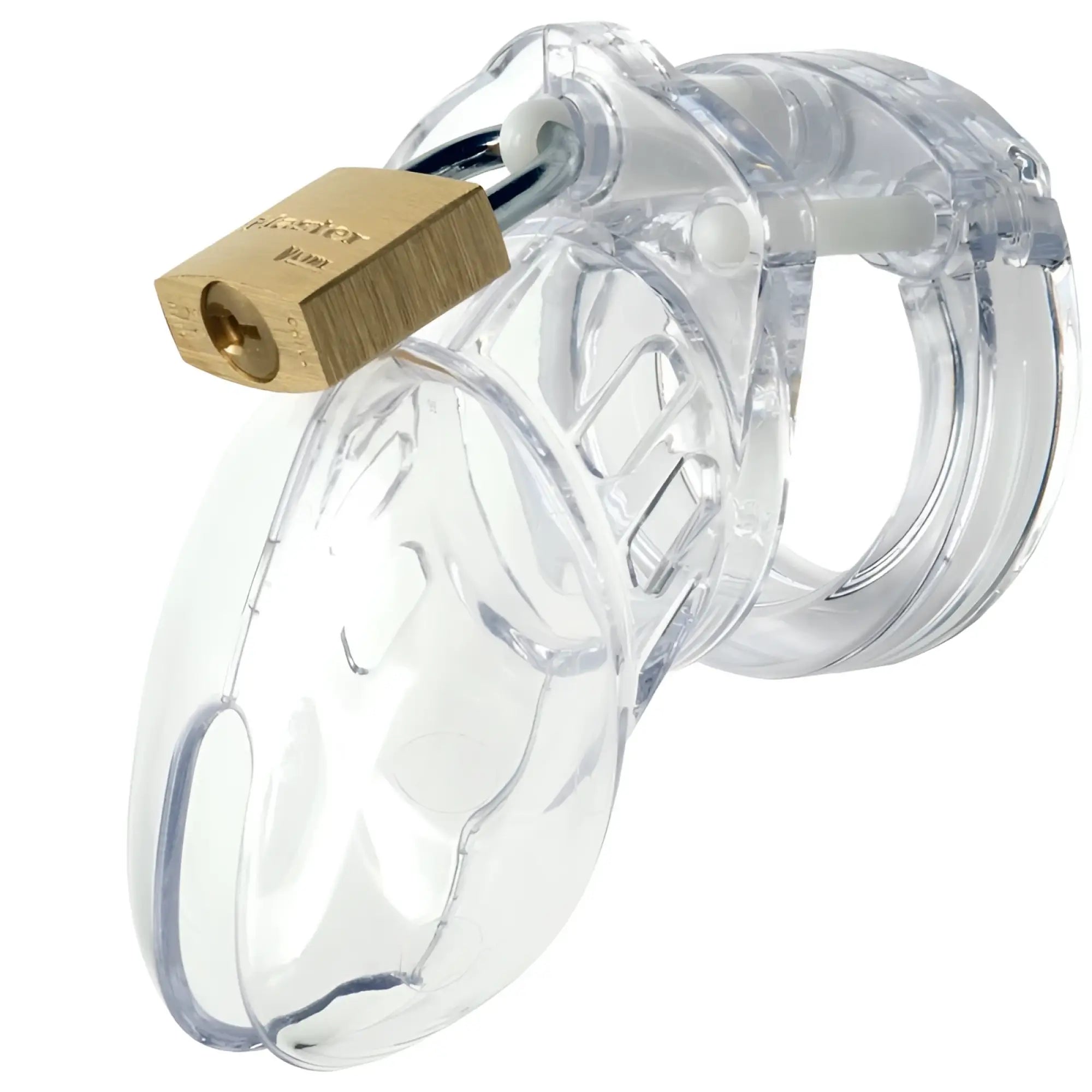 Clear cb-x cockcage cb-6000s made of clear plastic with a gold-colored padlock for secure chastity control