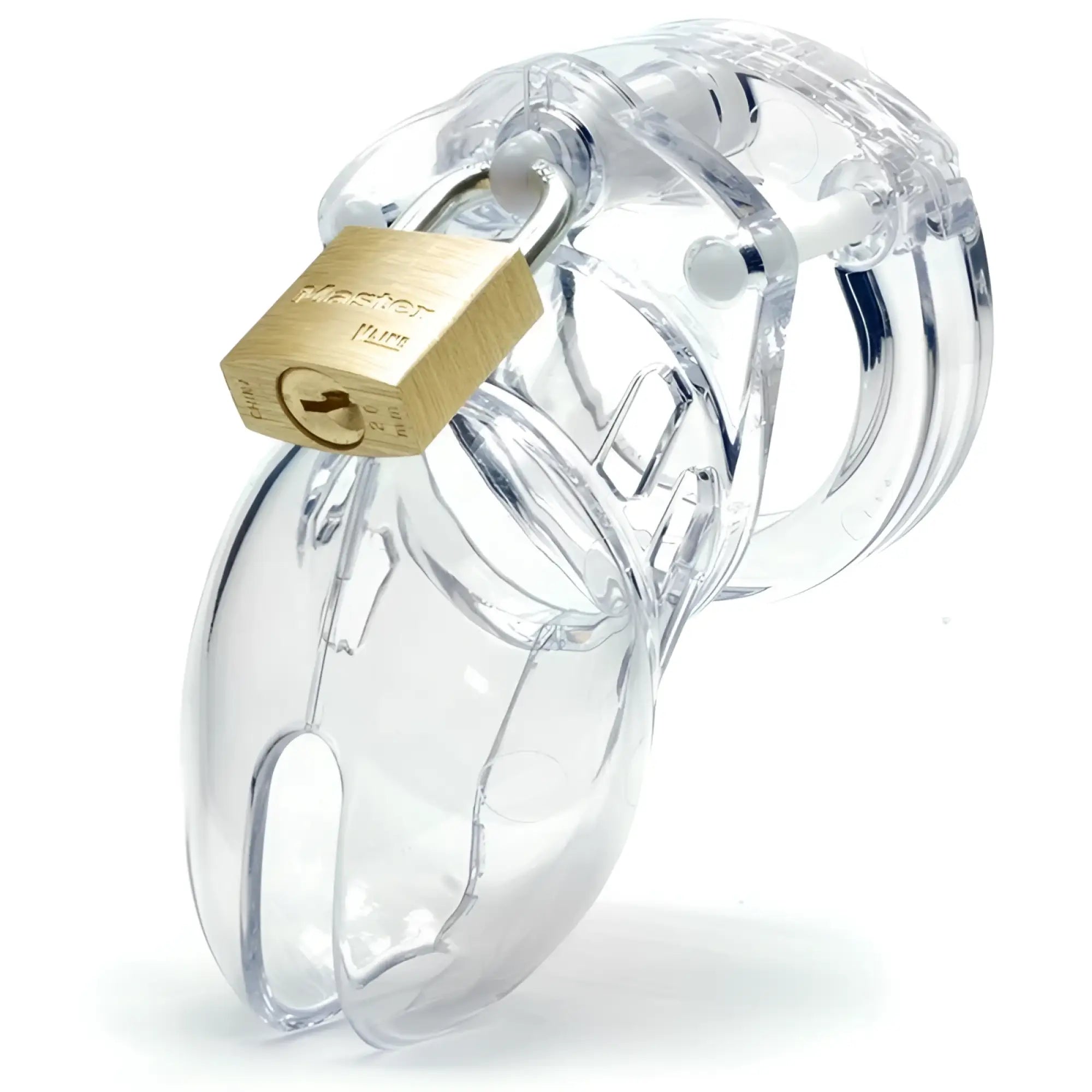 Clear plastic cb-x cockcage cb-6000s with gold-colored master lock padlock for secure wear and training
