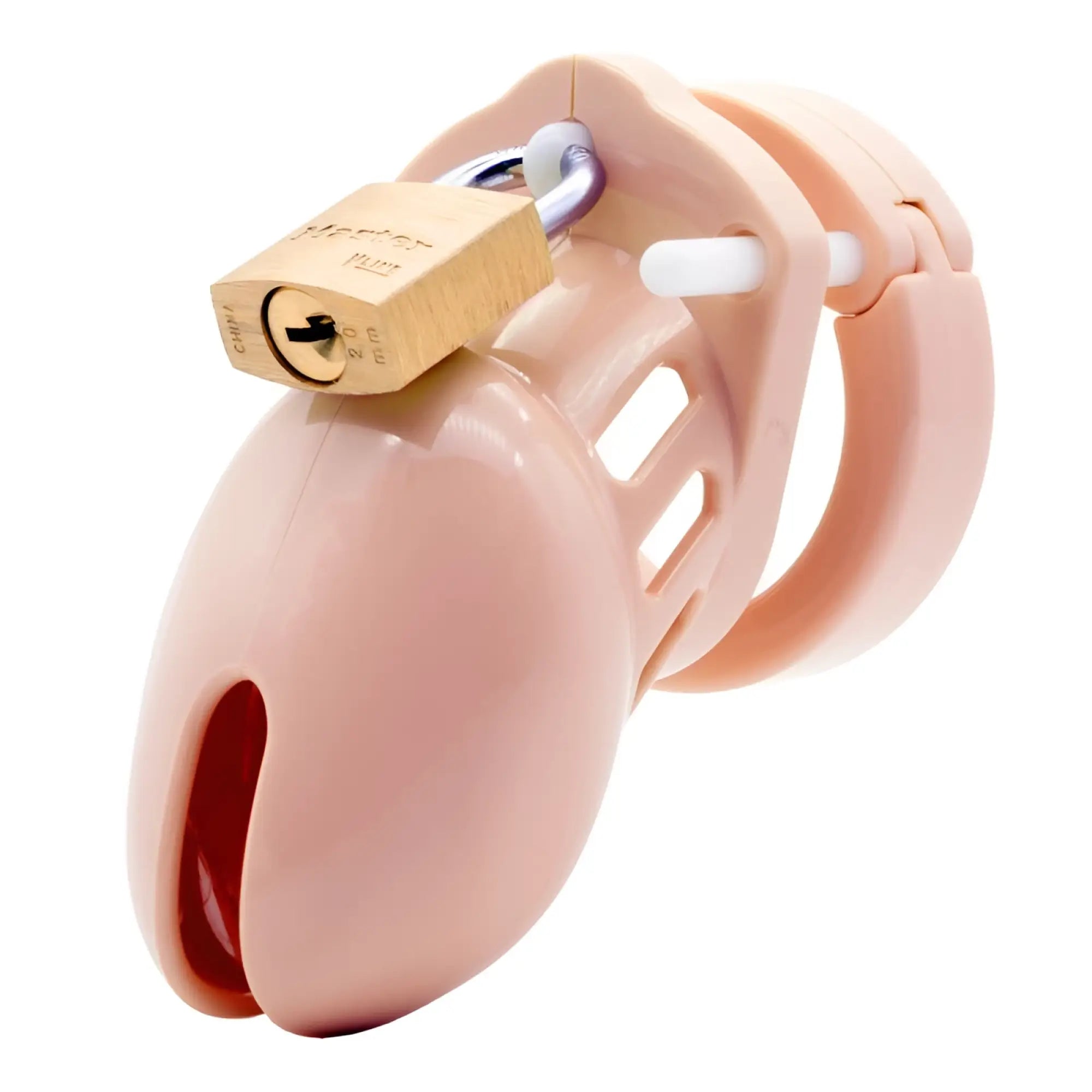 Pink plastic cb-x cockcage cb-6000s chastity cage with brass lock securely attached for male use