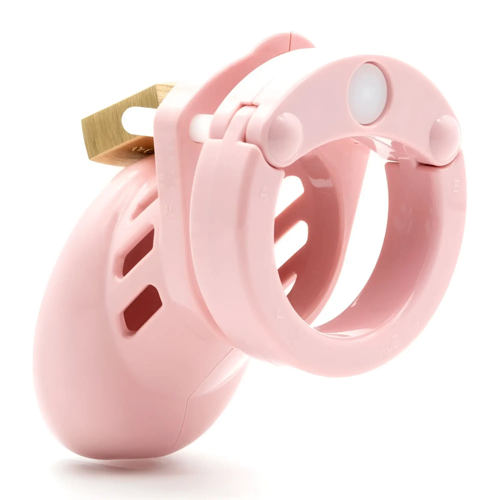 Pink cb-x cockcage cb-6000s plastic chastity device with gold-colored lock shown from the back side