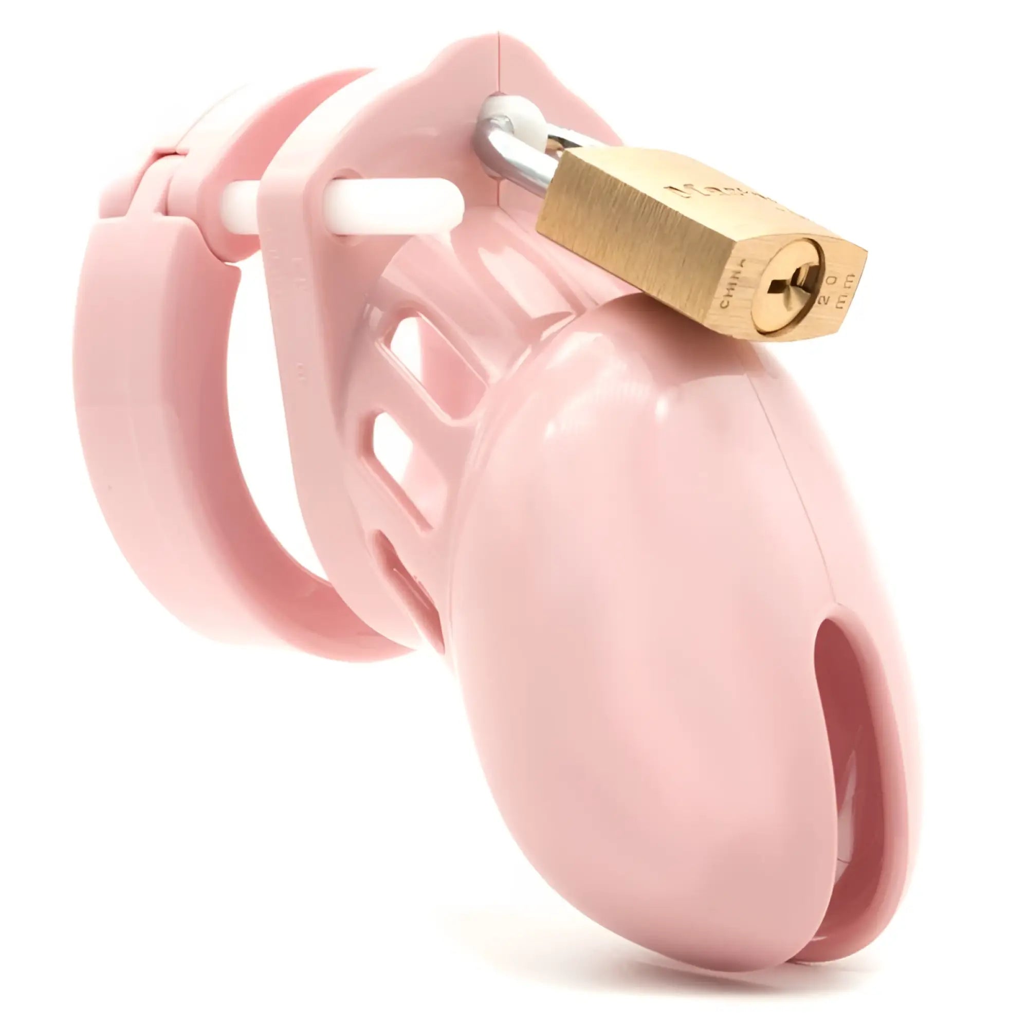 Pink plastic CB-X Cockcage CB-6000S chastity device with a gold-colored padlock attached, front view