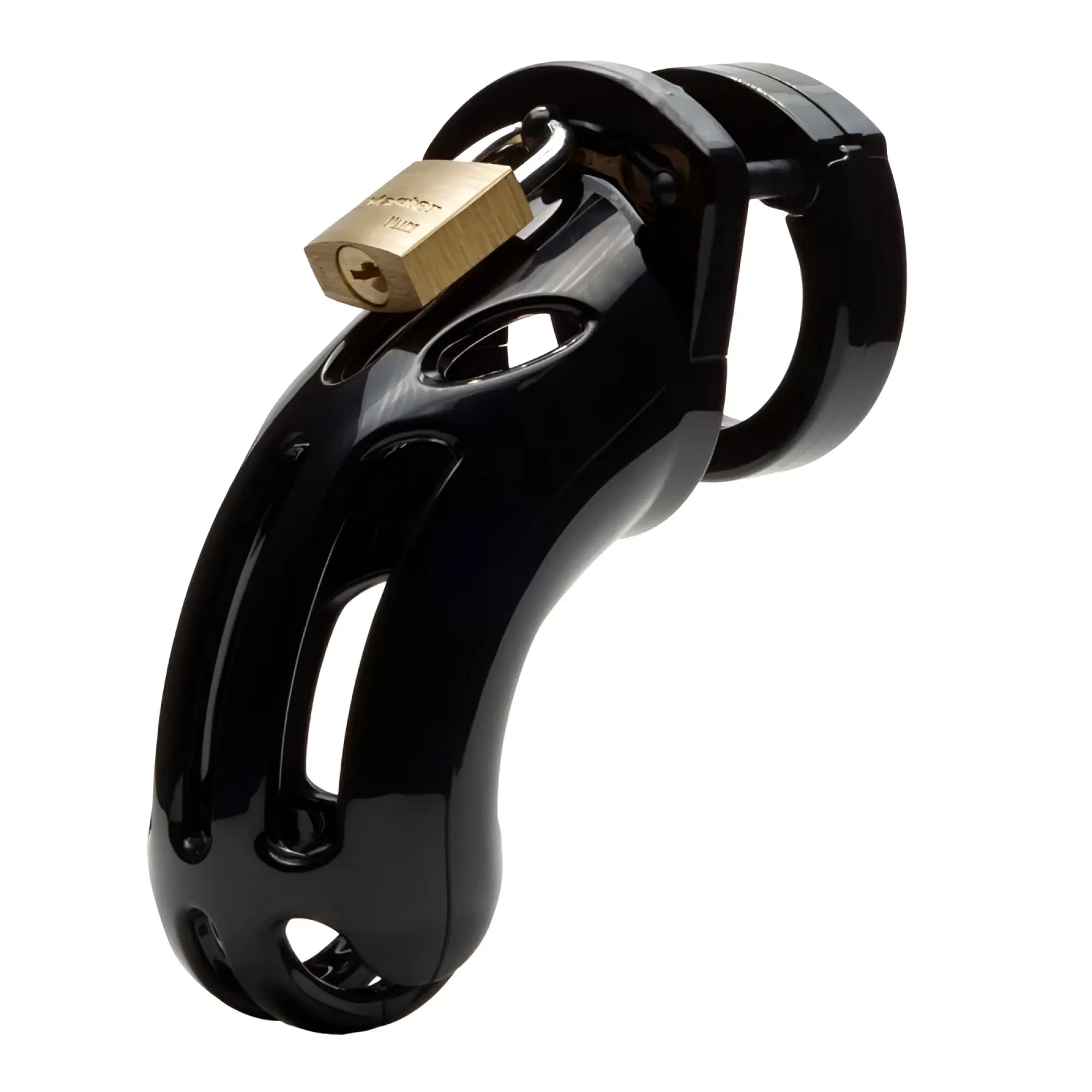 Black glossy finished metal cb-x cockcage the curve with a gold colored padlock attached for secure wear