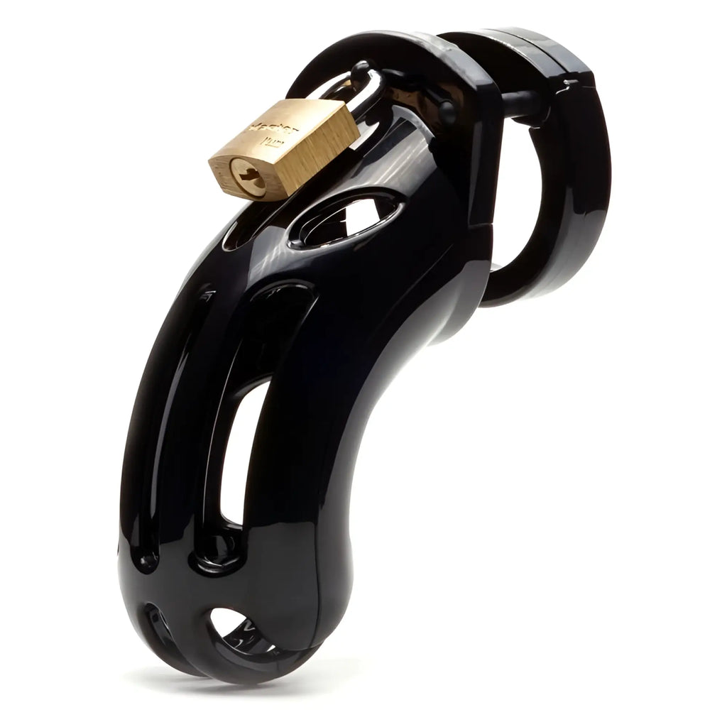 Black glossy metal cockcage cb-x the curve with a gold-colored padlock designed for secure chastity play