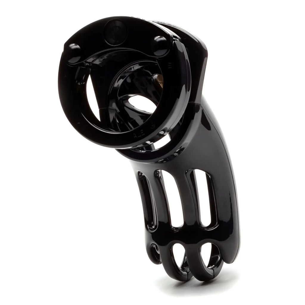 Black glossy plastic cb-x cockcage the curve with circular ring and finger-like slots for secure wear