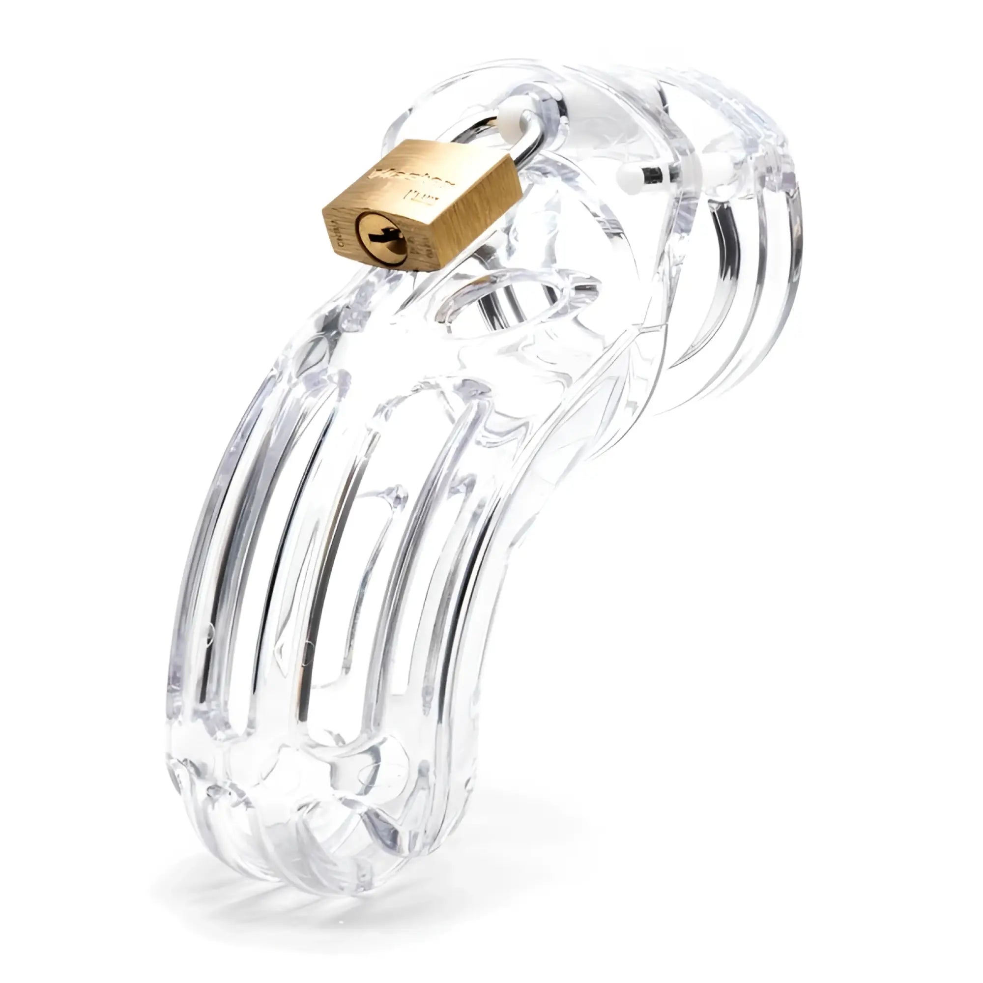 Clear acrylic cockcage cb-x the curve clear with gold-colored padlock designed for male chastity control