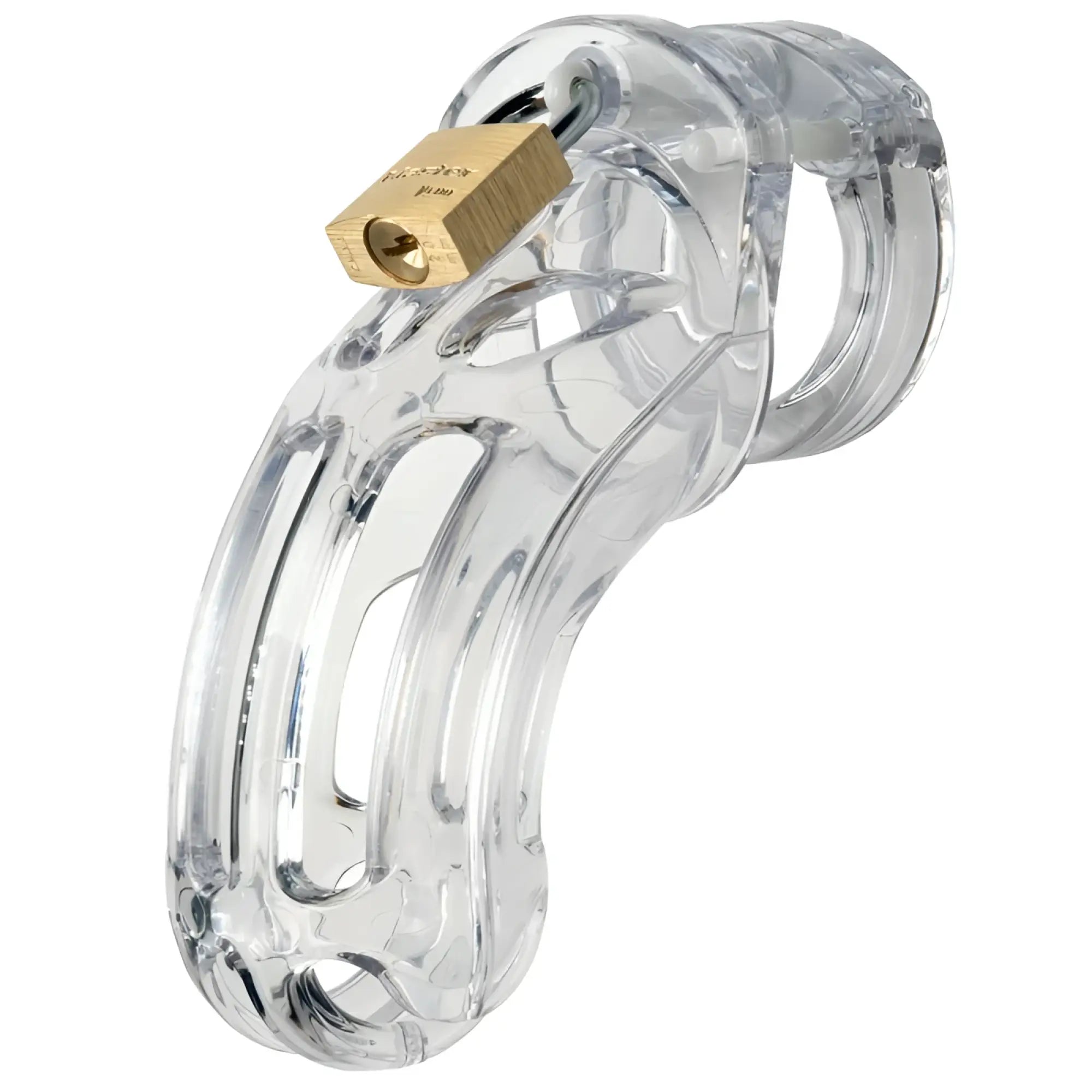 Clear plastic cockcage with gold-colored padlock from CB-X cockcage the curve clear collection
