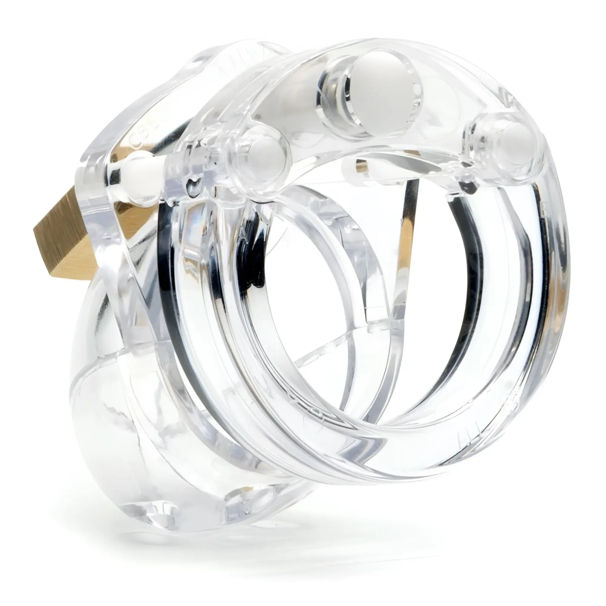 Clear acrylic cockcage mini-me with gold-tone metal clasp and circular rings for secure chastity play