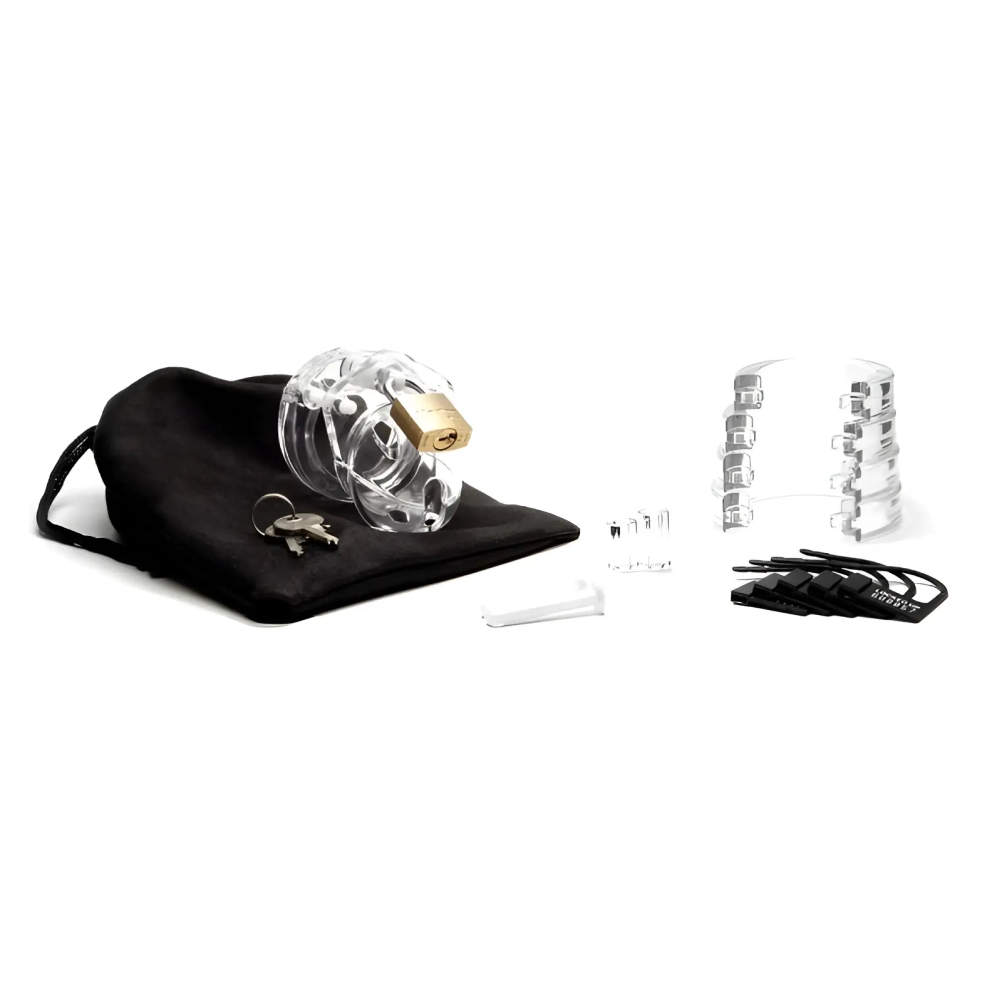 Cb-x cockcage mini-me clear clear acrylic chastity cage with gold-tone lock keys clear rings and black straps