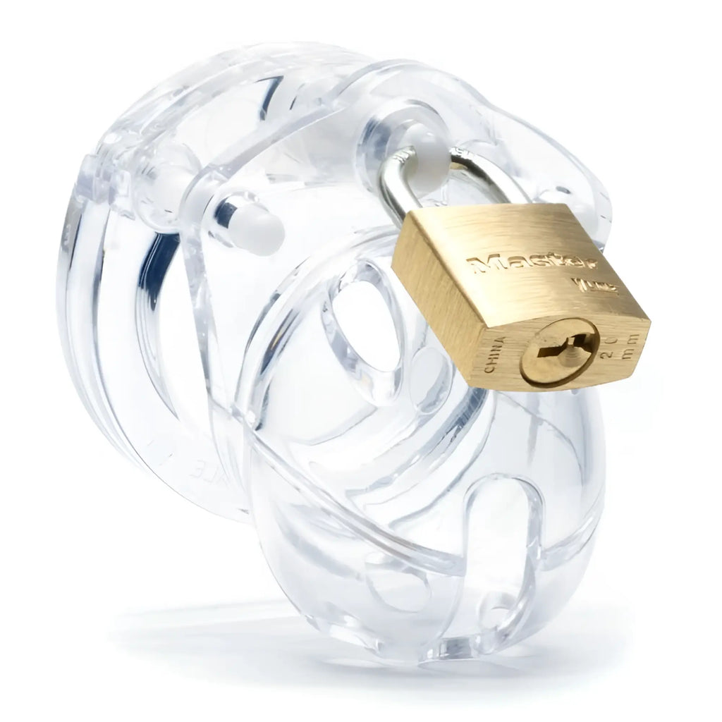 Clear plastic cockcage mini-me clear chastity cage with gold-colored master brand lock for secure wear